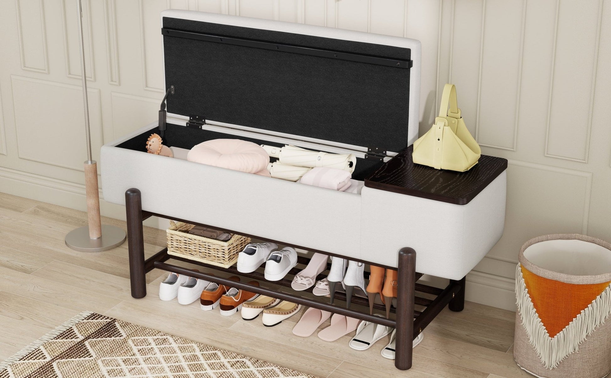 TREXM Farmhouse Upholstered Storage Bench with Hidden Compartment, Modern Entryway Bench for Living Room, Entryway, and Hallways (Espresso) - 1st Choice Furniture Direct