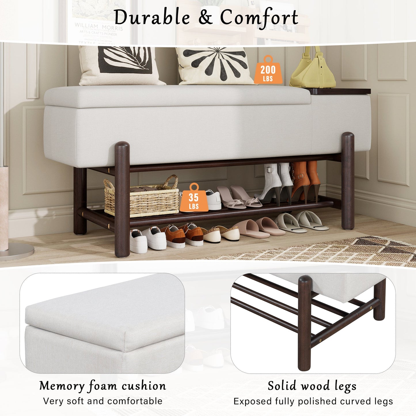 TREXM Farmhouse Upholstered Storage Bench with Hidden Compartment, Modern Entryway Bench for Living Room, Entryway, and Hallways (Espresso) - 1st Choice Furniture Direct