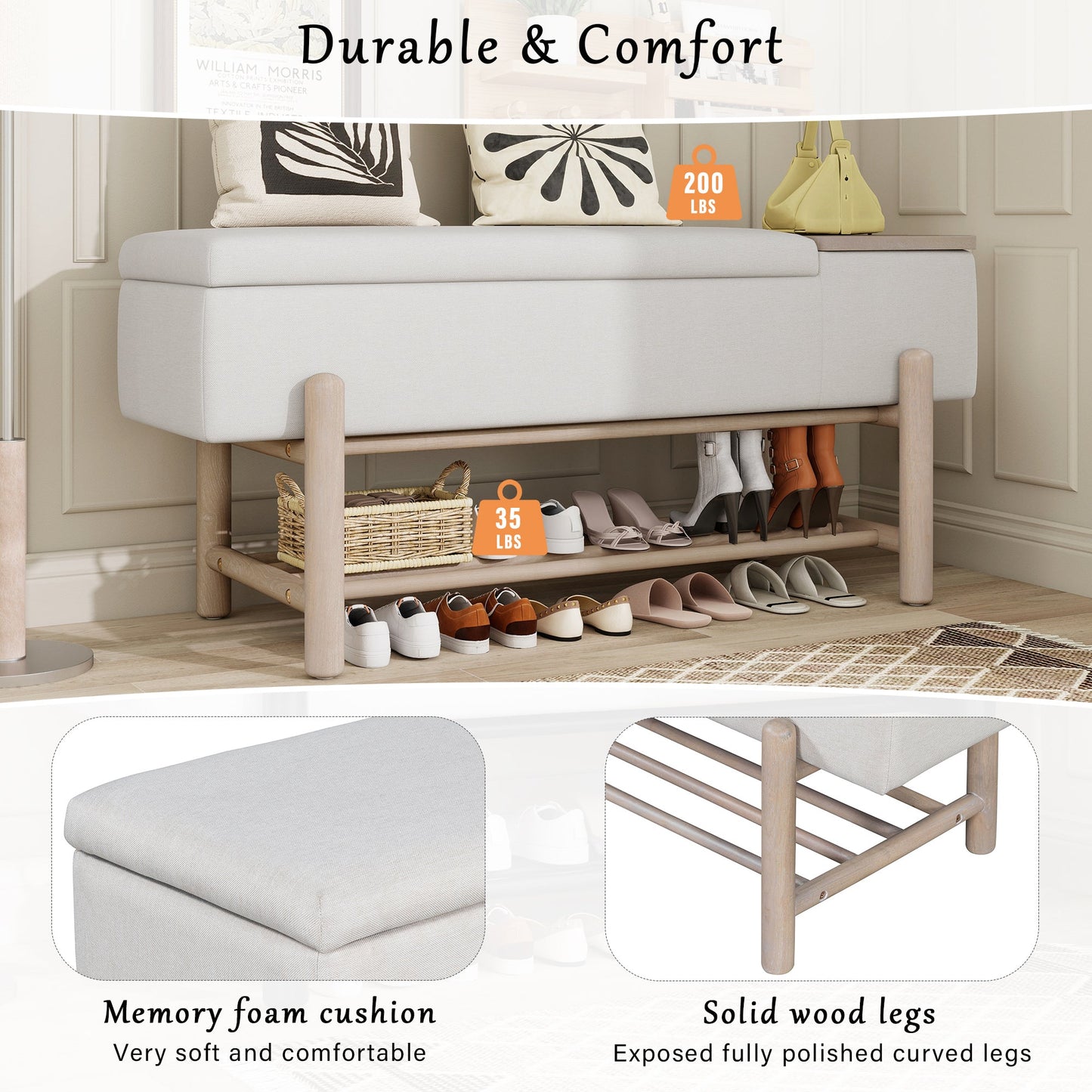 TREXM Farmhouse Upholstered Storage Bench with Hidden Compartment, Modern Entryway Bench for Living Room, Entryway, and Hallways (Natural) - 1st Choice Furniture Direct