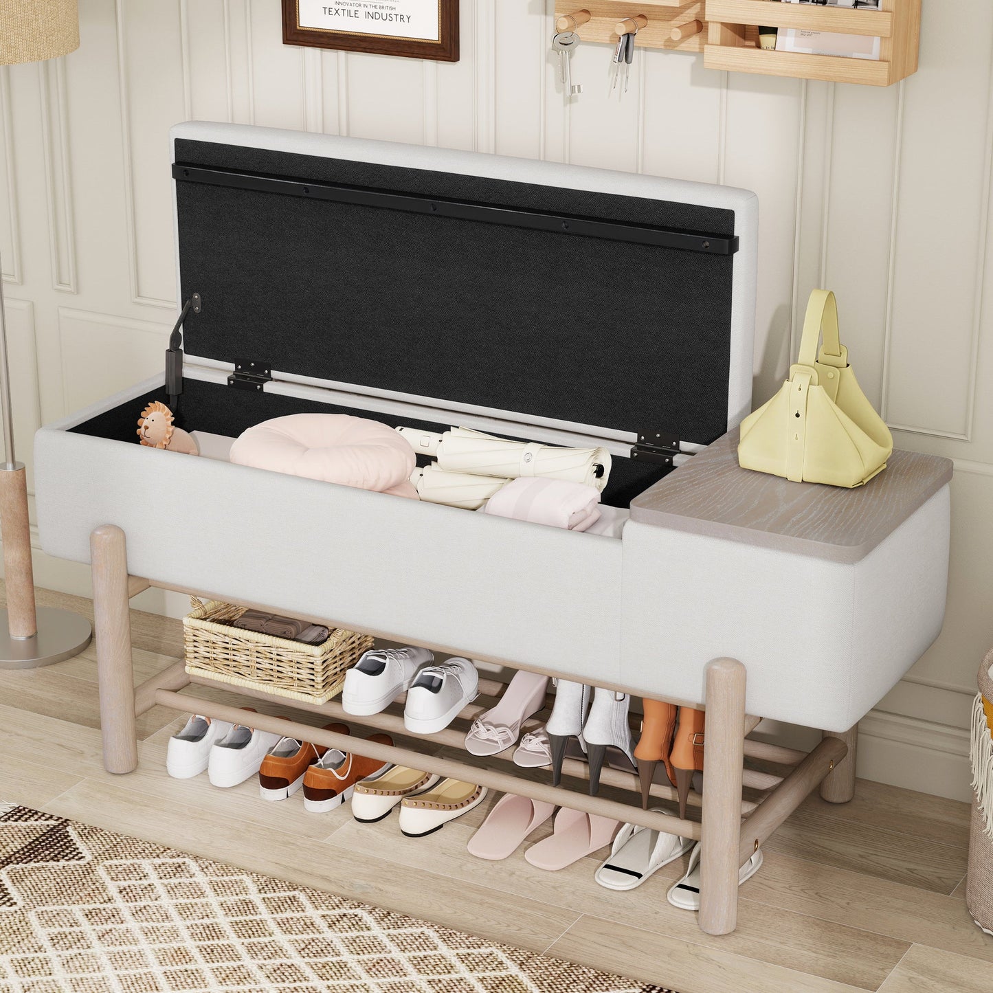 TREXM Farmhouse Upholstered Storage Bench with Hidden Compartment, Modern Entryway Bench for Living Room, Entryway, and Hallways (Natural) - 1st Choice Furniture Direct