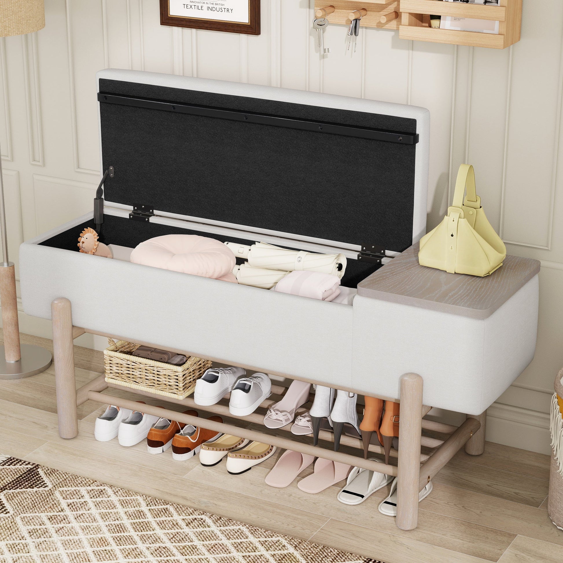 TREXM Farmhouse Upholstered Storage Bench with Hidden Compartment, Modern Entryway Bench for Living Room, Entryway, and Hallways (Natural) - 1st Choice Furniture Direct