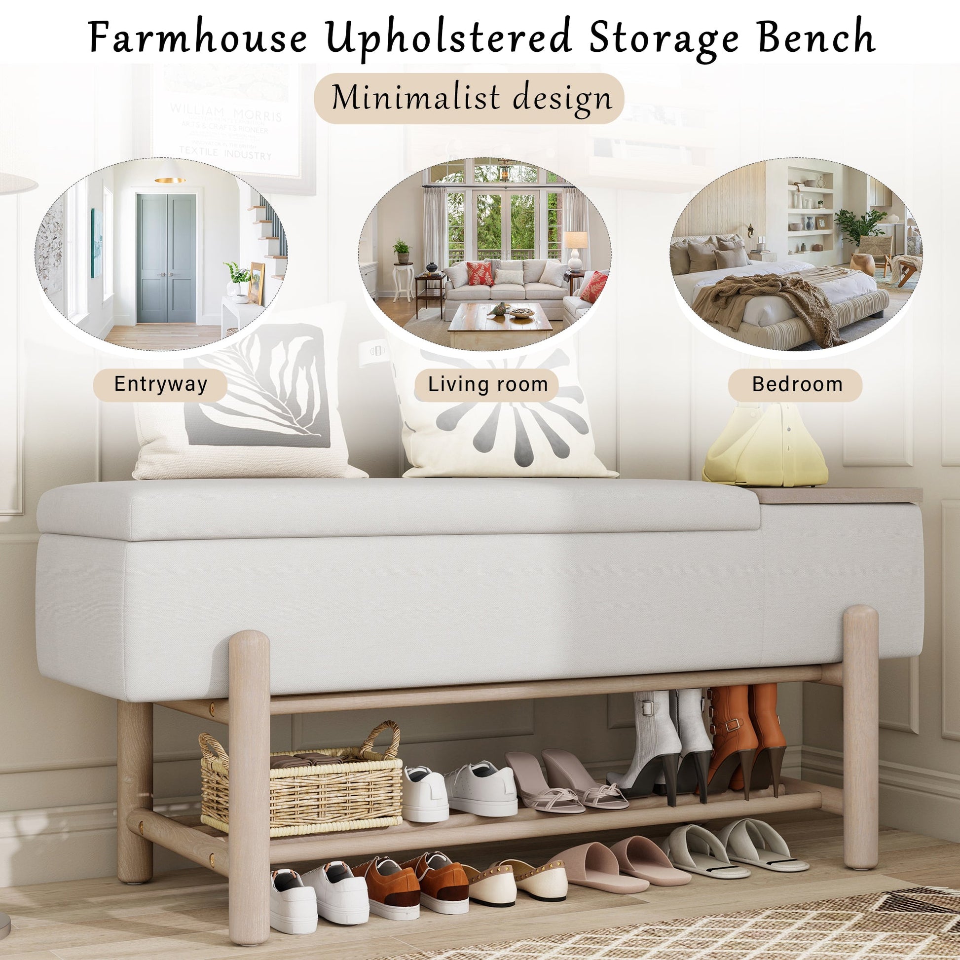 TREXM Farmhouse Upholstered Storage Bench with Hidden Compartment, Modern Entryway Bench for Living Room, Entryway, and Hallways (Natural) - 1st Choice Furniture Direct