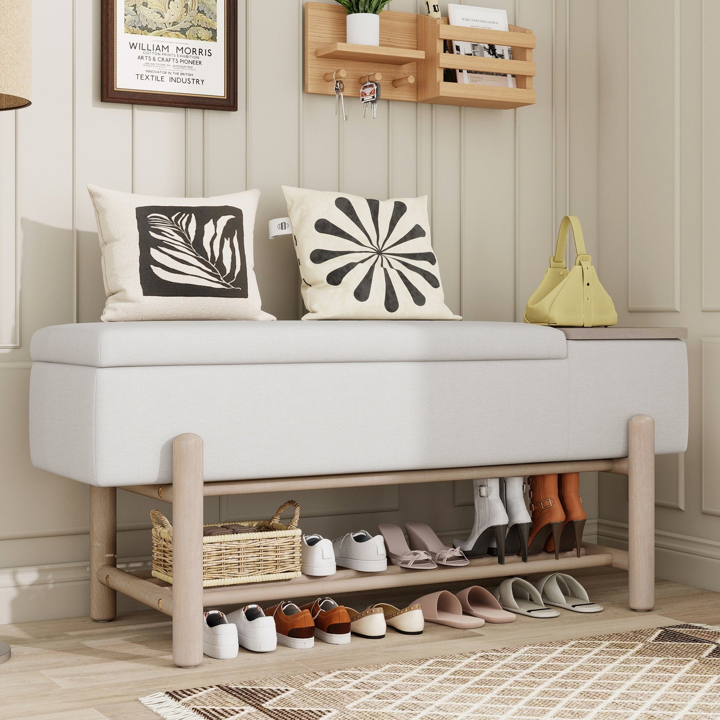 TREXM Farmhouse Upholstered Storage Bench with Hidden Compartment, Modern Entryway Bench for Living Room, Entryway, and Hallways (Natural) - 1st Choice Furniture Direct