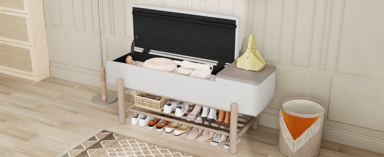 TREXM Farmhouse Upholstered Storage Bench with Hidden Compartment, Modern Entryway Bench for Living Room, Entryway, and Hallways (Natural) - 1st Choice Furniture Direct