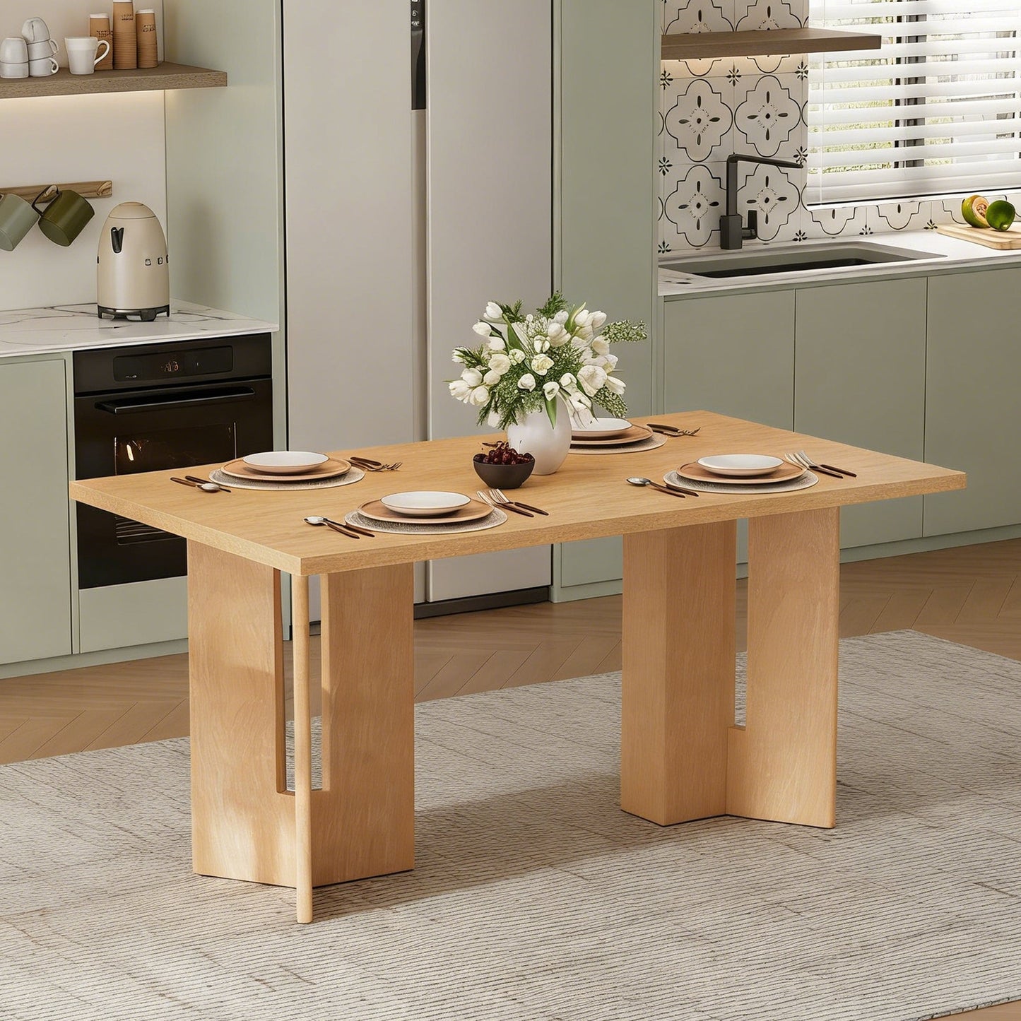 TREXM Farmhouse Wood Dining Table, 60' Rectangular Dining Table with Cutout Table Legs for Dining Room, Kitchen and Living Room (Natural Wood Wash) - 1st Choice Furniture Direct