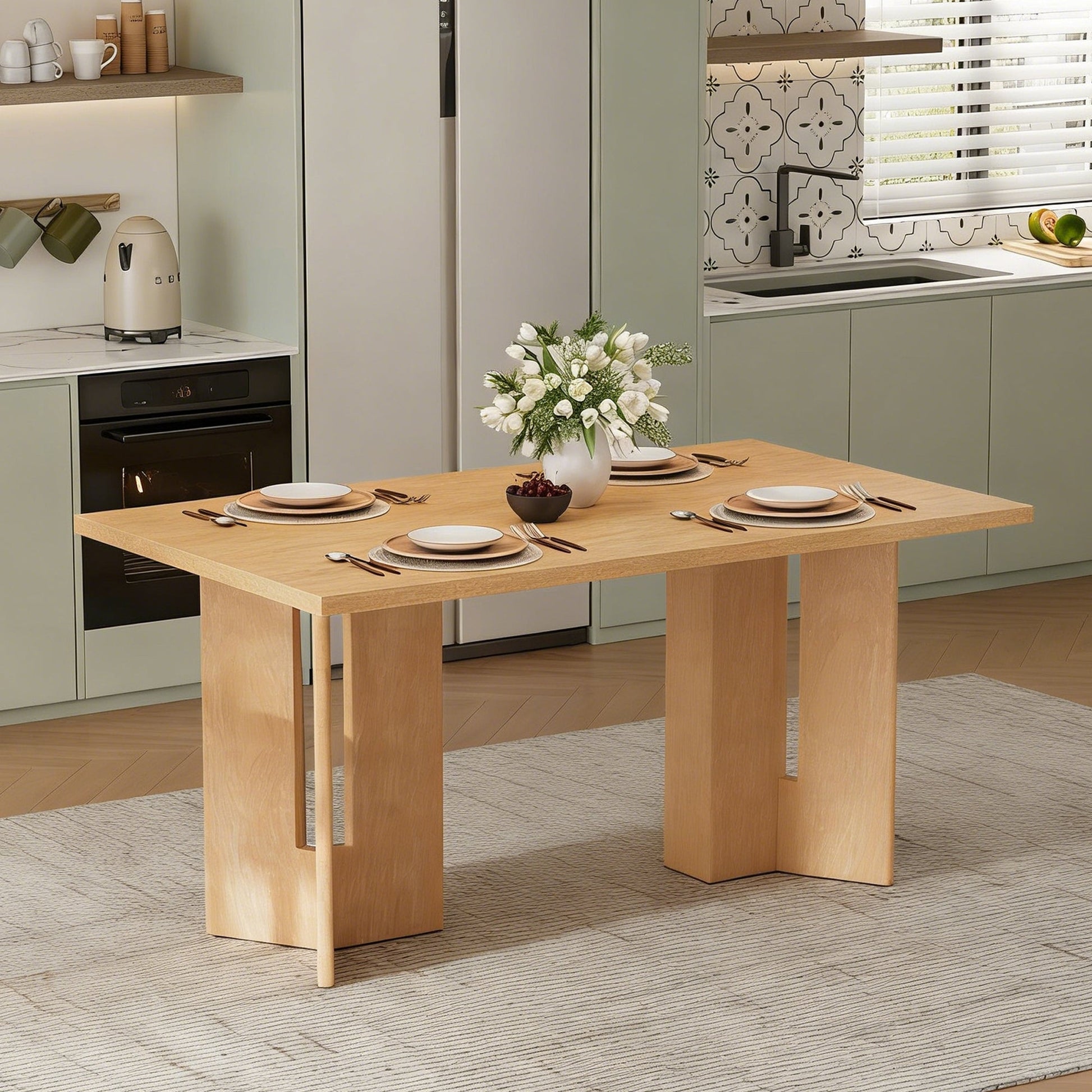 TREXM Farmhouse Wood Dining Table, 60' Rectangular Dining Table with Cutout Table Legs for Dining Room, Kitchen and Living Room (Natural Wood Wash) - 1st Choice Furniture Direct