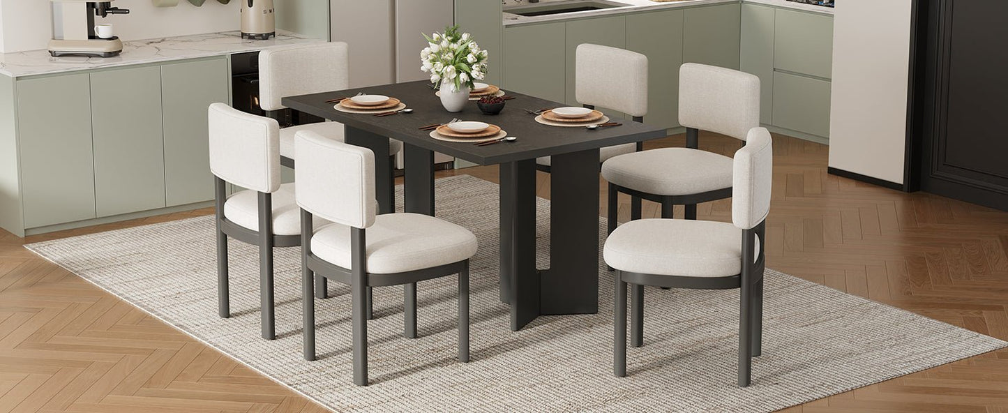TREXM Farmhouse Wood Dining Table Set for 6 with 6 Upholstered Chairs, 60' Rectangular Dining Table with Cutout Table Legs for Dining Room, Kitchen and Living Room (Gray) - 1st Choice Furniture Direct