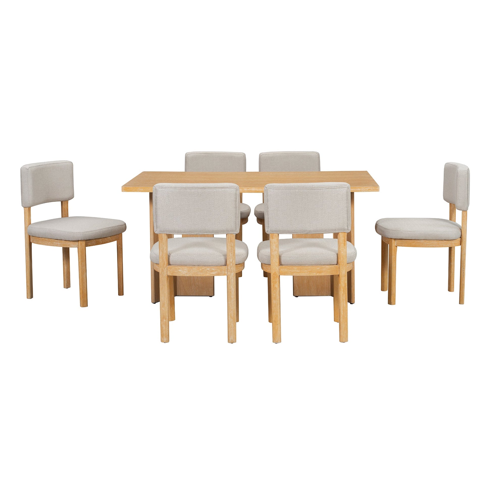 TREXM Farmhouse Wood Dining Table Set for 6 with 6 Upholstered Chairs, 60' Rectangular Dining Table with Cutout Table Legs for Dining Room, Kitchen and Living Room (Natural Wood Wash) - 1st Choice Furniture Direct