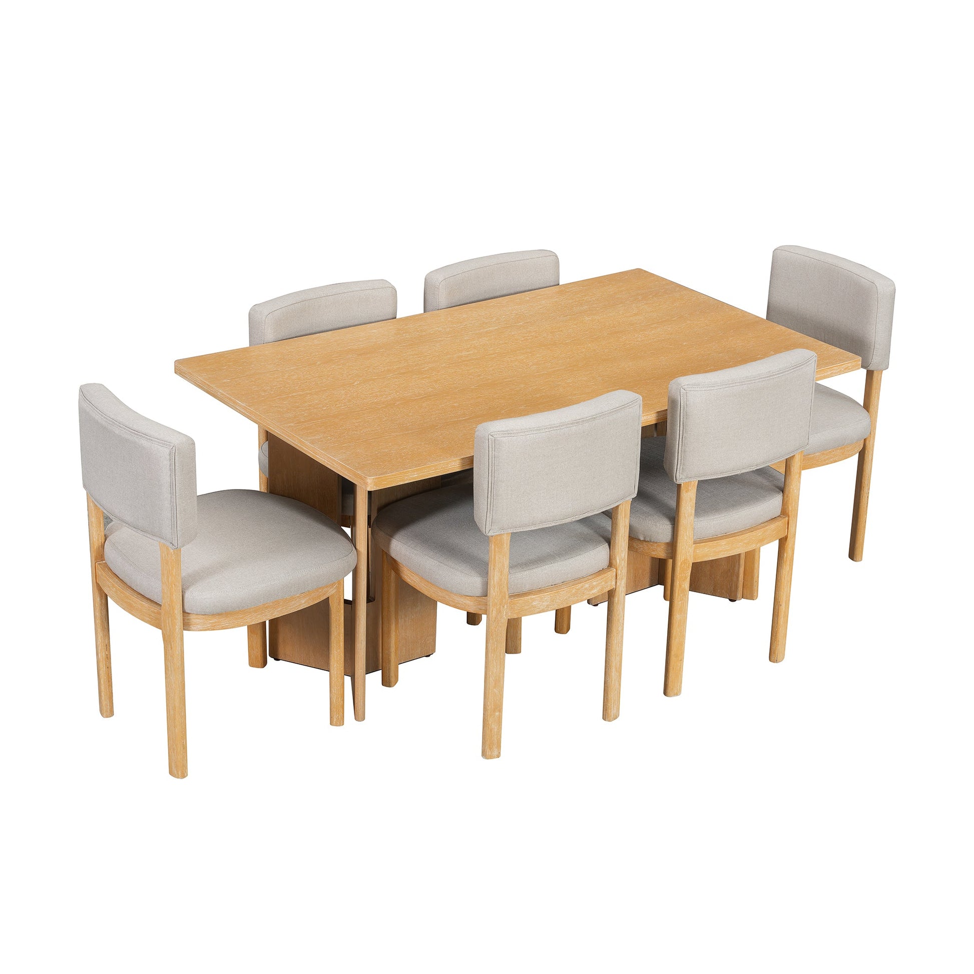 TREXM Farmhouse Wood Dining Table Set for 6 with 6 Upholstered Chairs, 60' Rectangular Dining Table with Cutout Table Legs for Dining Room, Kitchen and Living Room (Natural Wood Wash) - 1st Choice Furniture Direct