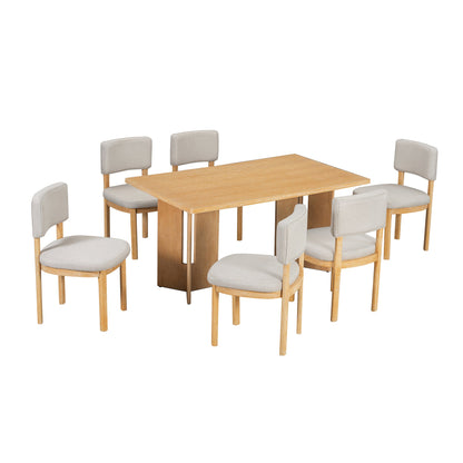 TREXM Farmhouse Wood Dining Table Set for 6 with 6 Upholstered Chairs, 60' Rectangular Dining Table with Cutout Table Legs for Dining Room, Kitchen and Living Room (Natural Wood Wash) - 1st Choice Furniture Direct