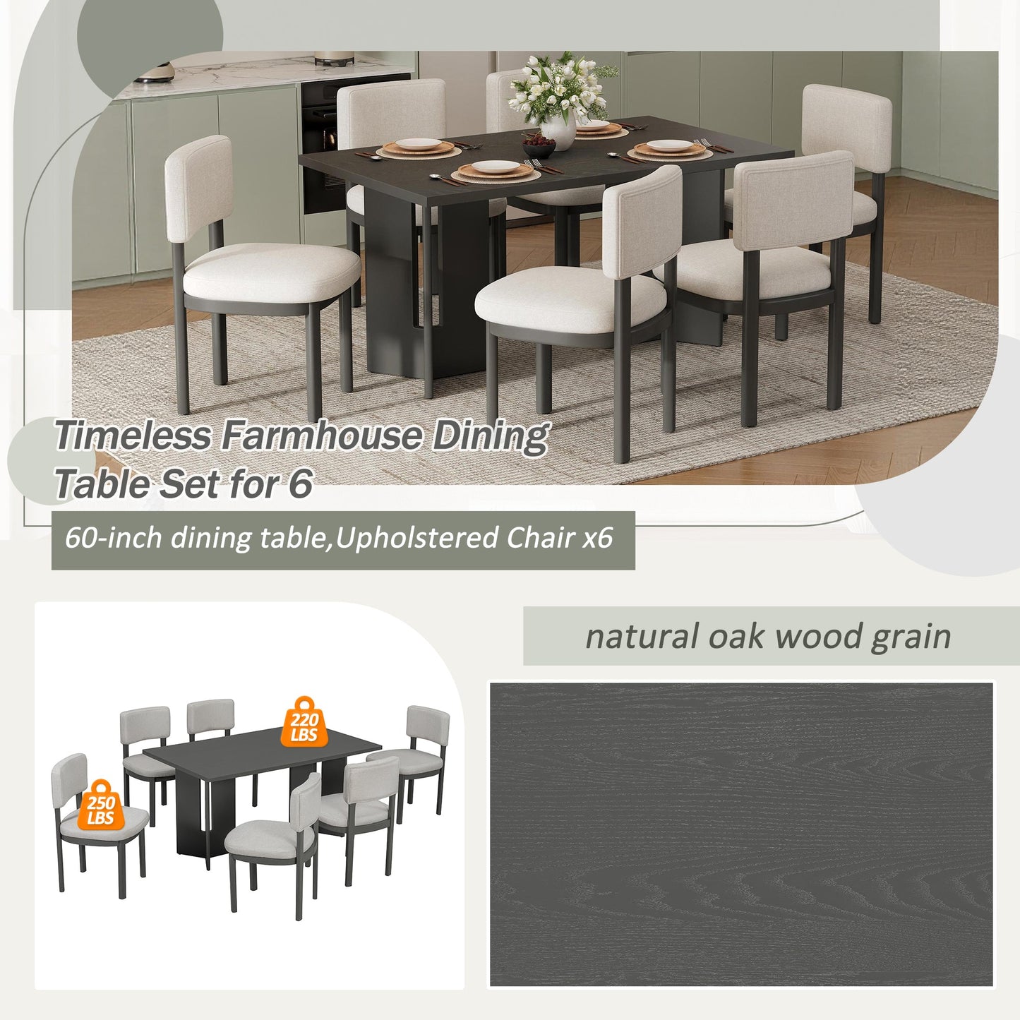 TREXM Farmhouse Wood Dining Table Set for 6 with 6 Upholstered Chairs, 60' Rectangular Dining Table with Cutout Table Legs for Dining Room, Kitchen and Living Room (Gray) - 1st Choice Furniture Direct