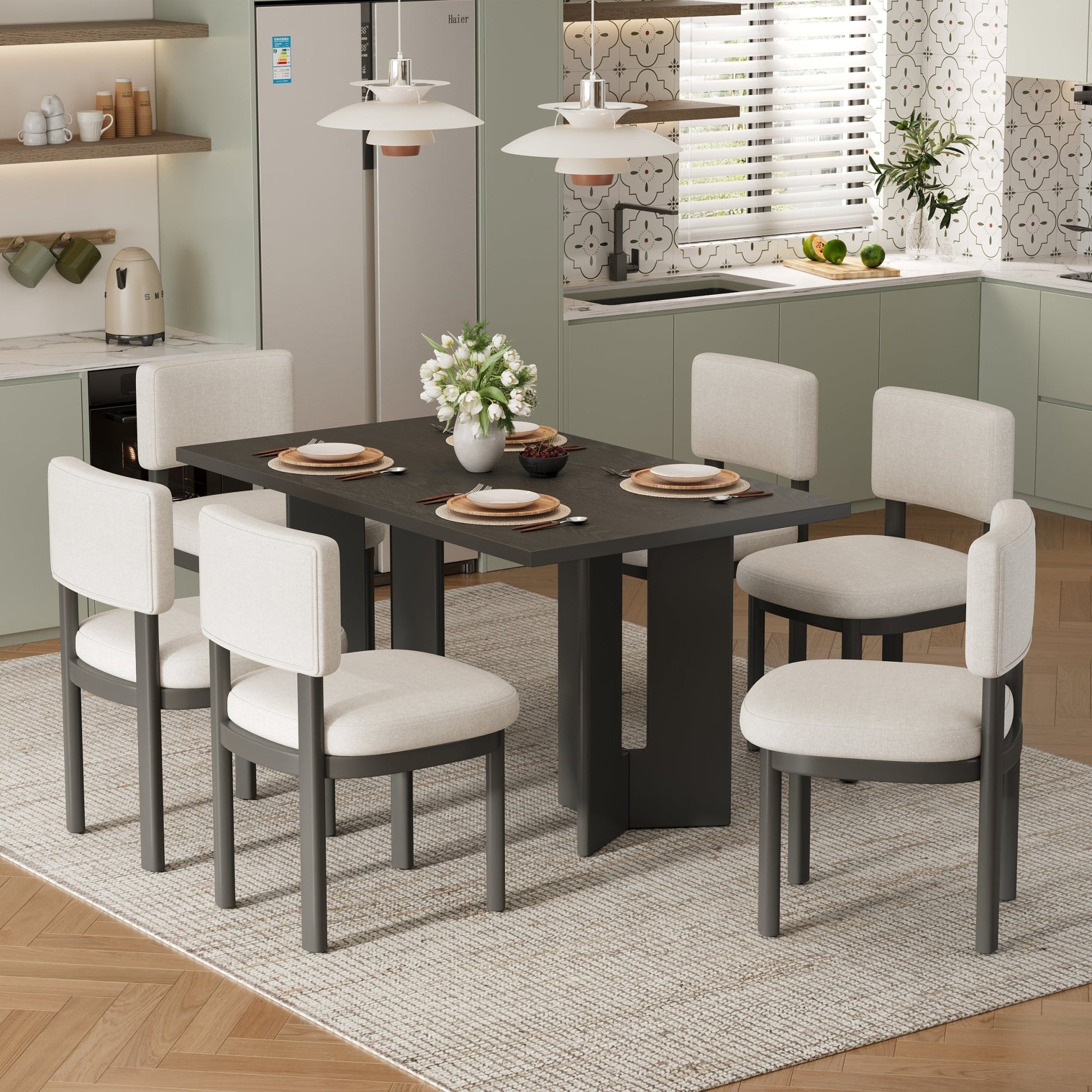 TREXM Farmhouse Wood Dining Table Set for 6 with 6 Upholstered Chairs, 60' Rectangular Dining Table with Cutout Table Legs for Dining Room, Kitchen and Living Room (Gray) - 1st Choice Furniture Direct