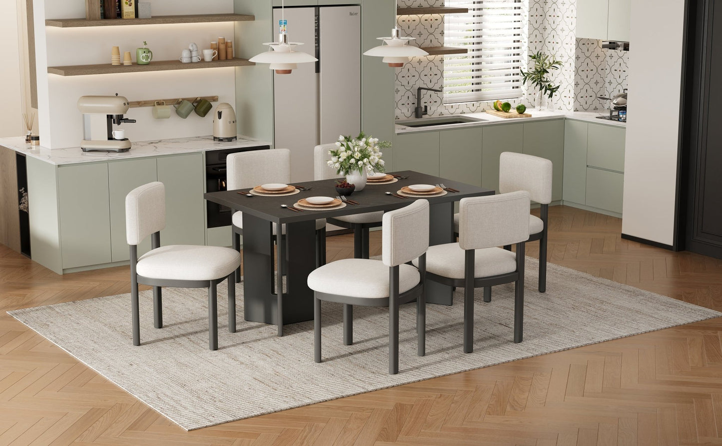 TREXM Farmhouse Wood Dining Table Set for 6 with 6 Upholstered Chairs, 60' Rectangular Dining Table with Cutout Table Legs for Dining Room, Kitchen and Living Room (Gray) - 1st Choice Furniture Direct