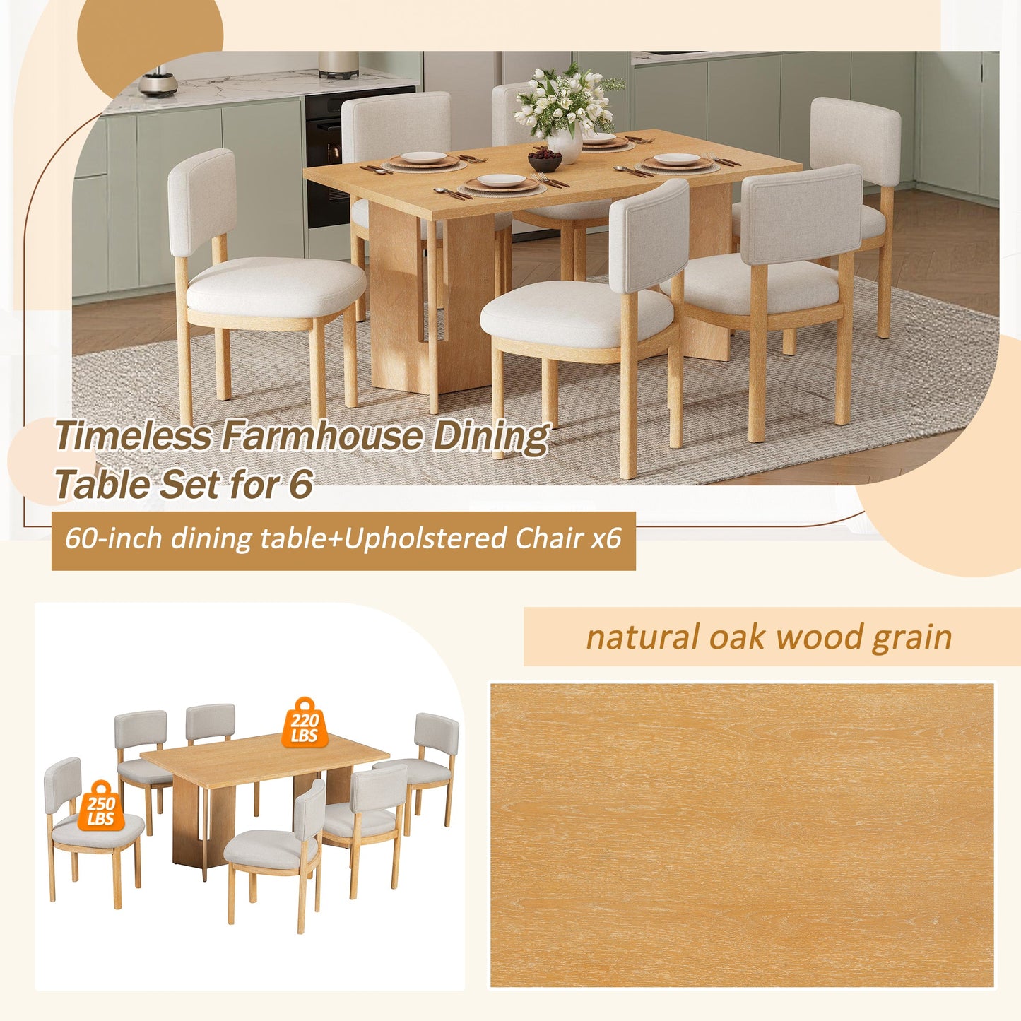 TREXM Farmhouse Wood Dining Table Set for 6 with 6 Upholstered Chairs, 60' Rectangular Dining Table with Cutout Table Legs for Dining Room, Kitchen and Living Room (Natural Wood Wash) - 1st Choice Furniture Direct