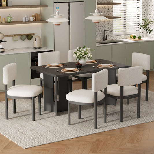 TREXM Farmhouse Wood Dining Table Set for 6 with 6 Upholstered Chairs, 60' Rectangular Dining Table with Cutout Table Legs for Dining Room, Kitchen and Living Room (Gray) - 1st Choice Furniture Direct