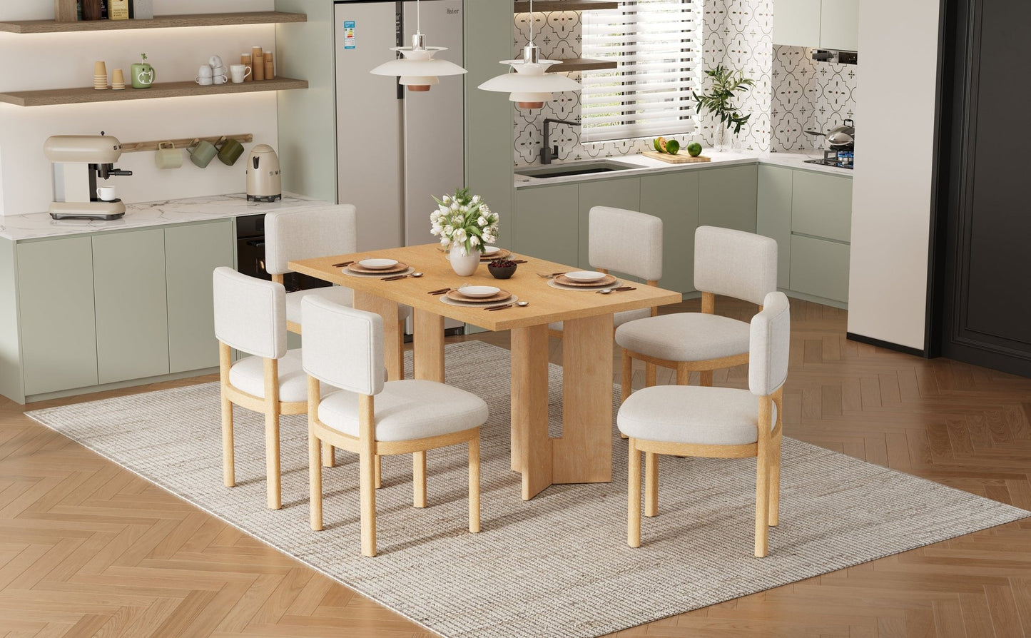 TREXM Farmhouse Wood Dining Table Set for 6 with 6 Upholstered Chairs, 60' Rectangular Dining Table with Cutout Table Legs for Dining Room, Kitchen and Living Room (Natural Wood Wash) - 1st Choice Furniture Direct
