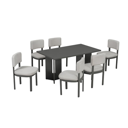 TREXM Farmhouse Wood Dining Table Set for 6 with 6 Upholstered Chairs, 60' Rectangular Dining Table with Cutout Table Legs for Dining Room, Kitchen and Living Room (Gray) - 1st Choice Furniture Direct