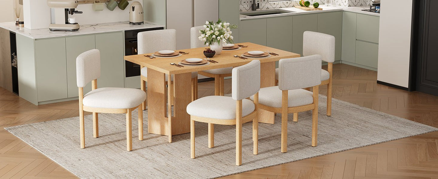 TREXM Farmhouse Wood Dining Table Set for 6 with 6 Upholstered Chairs, 60' Rectangular Dining Table with Cutout Table Legs for Dining Room, Kitchen and Living Room (Natural Wood Wash) - 1st Choice Furniture Direct