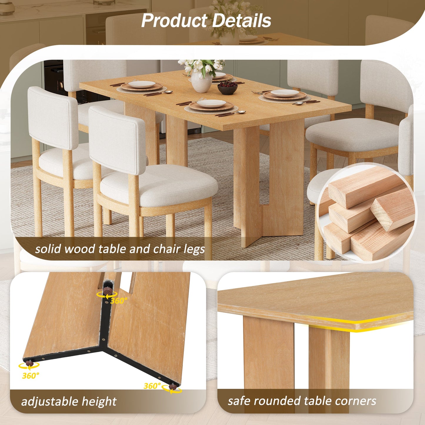 TREXM Farmhouse Wood Dining Table Set for 6 with 6 Upholstered Chairs, 60' Rectangular Dining Table with Cutout Table Legs for Dining Room, Kitchen and Living Room (Natural Wood Wash) - 1st Choice Furniture Direct