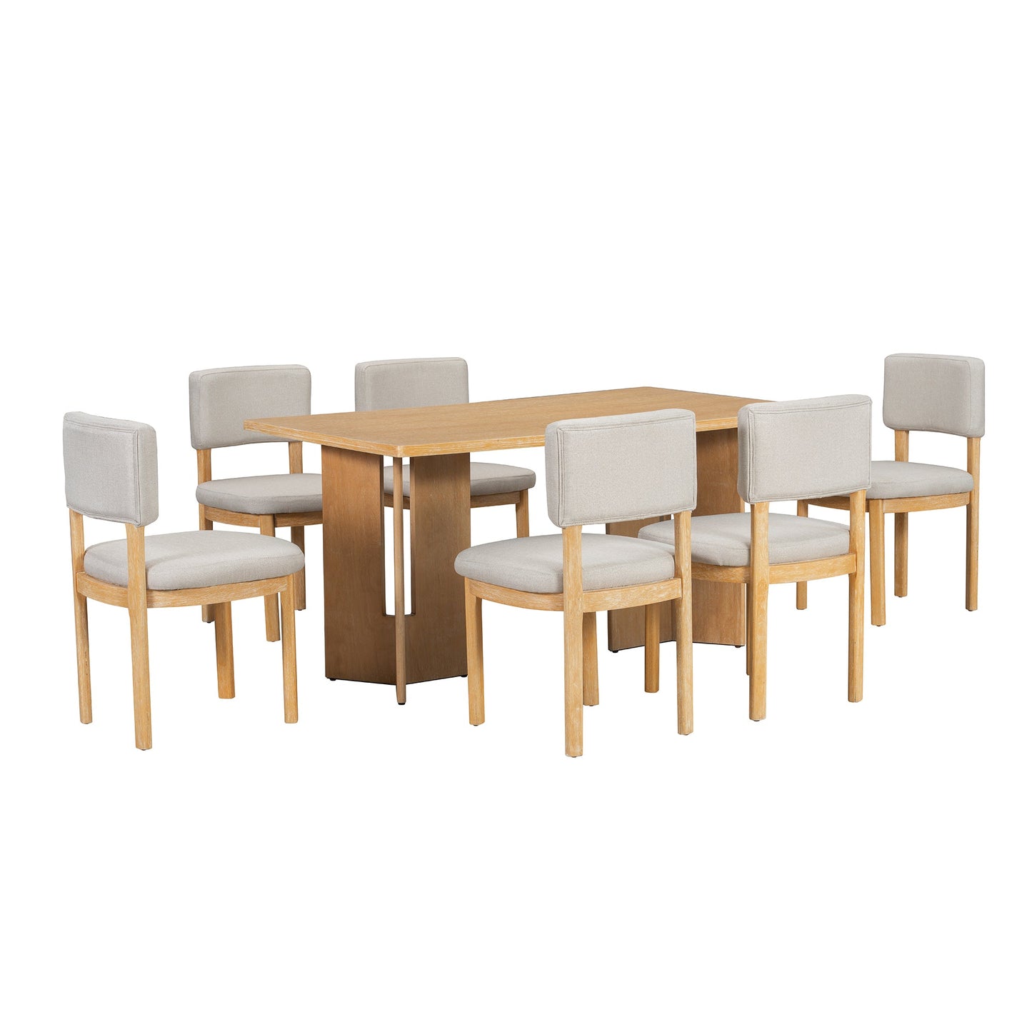 TREXM Farmhouse Wood Dining Table Set for 6 with 6 Upholstered Chairs, 60' Rectangular Dining Table with Cutout Table Legs for Dining Room, Kitchen and Living Room (Natural Wood Wash) - 1st Choice Furniture Direct