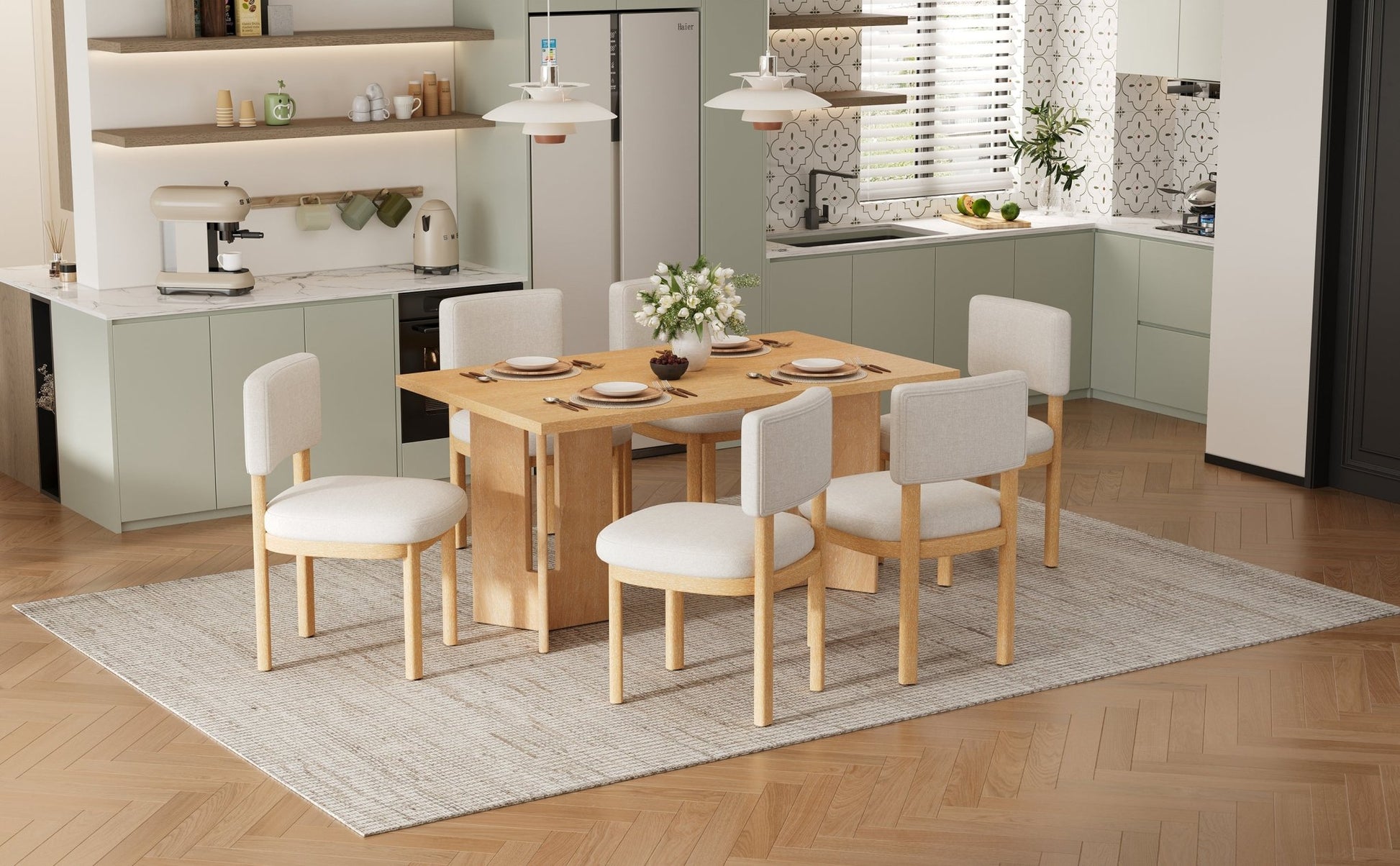 TREXM Farmhouse Wood Dining Table Set for 6 with 6 Upholstered Chairs, 60' Rectangular Dining Table with Cutout Table Legs for Dining Room, Kitchen and Living Room (Natural Wood Wash) - 1st Choice Furniture Direct