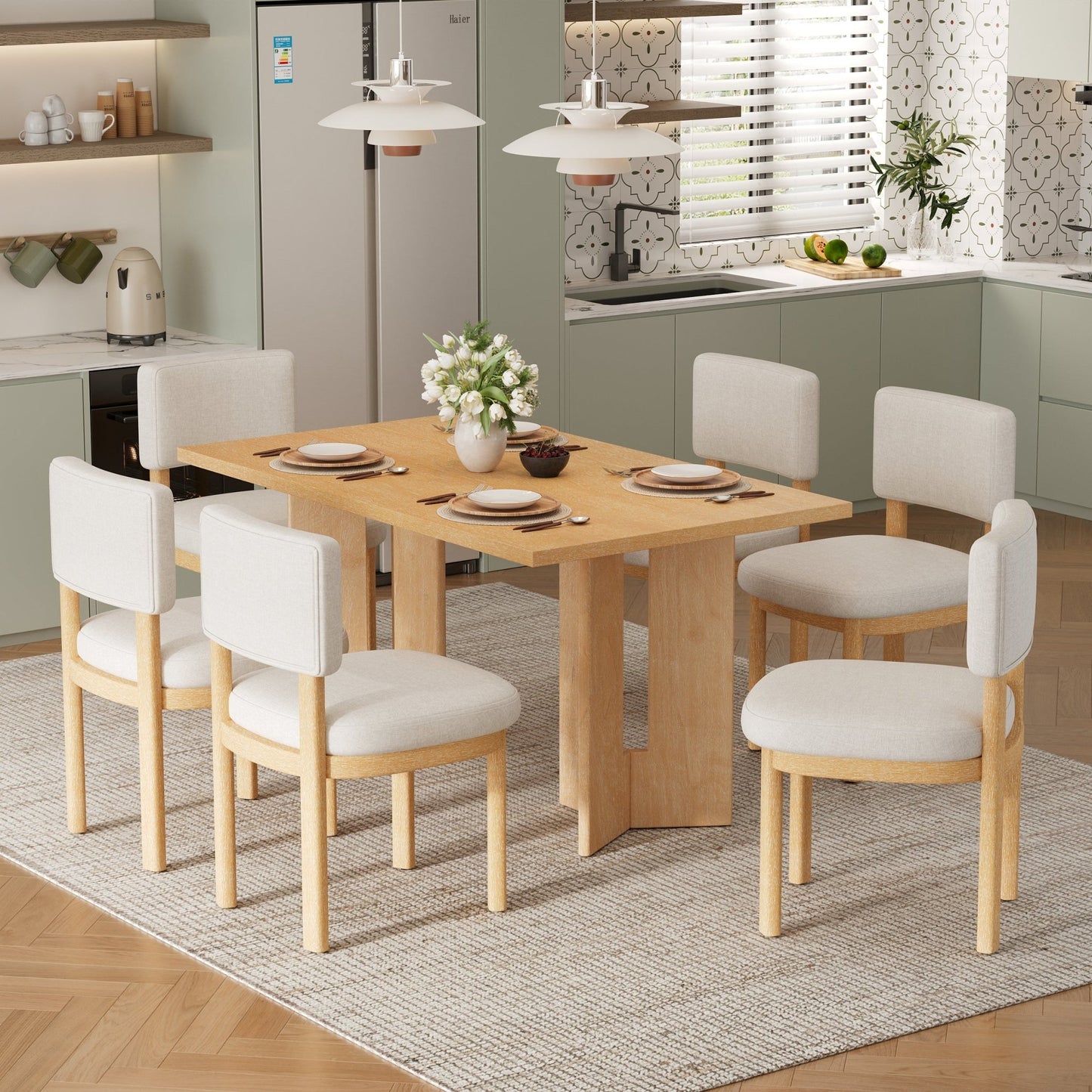 TREXM Farmhouse Wood Dining Table Set for 6 with 6 Upholstered Chairs, 60' Rectangular Dining Table with Cutout Table Legs for Dining Room, Kitchen and Living Room (Natural Wood Wash) - 1st Choice Furniture Direct