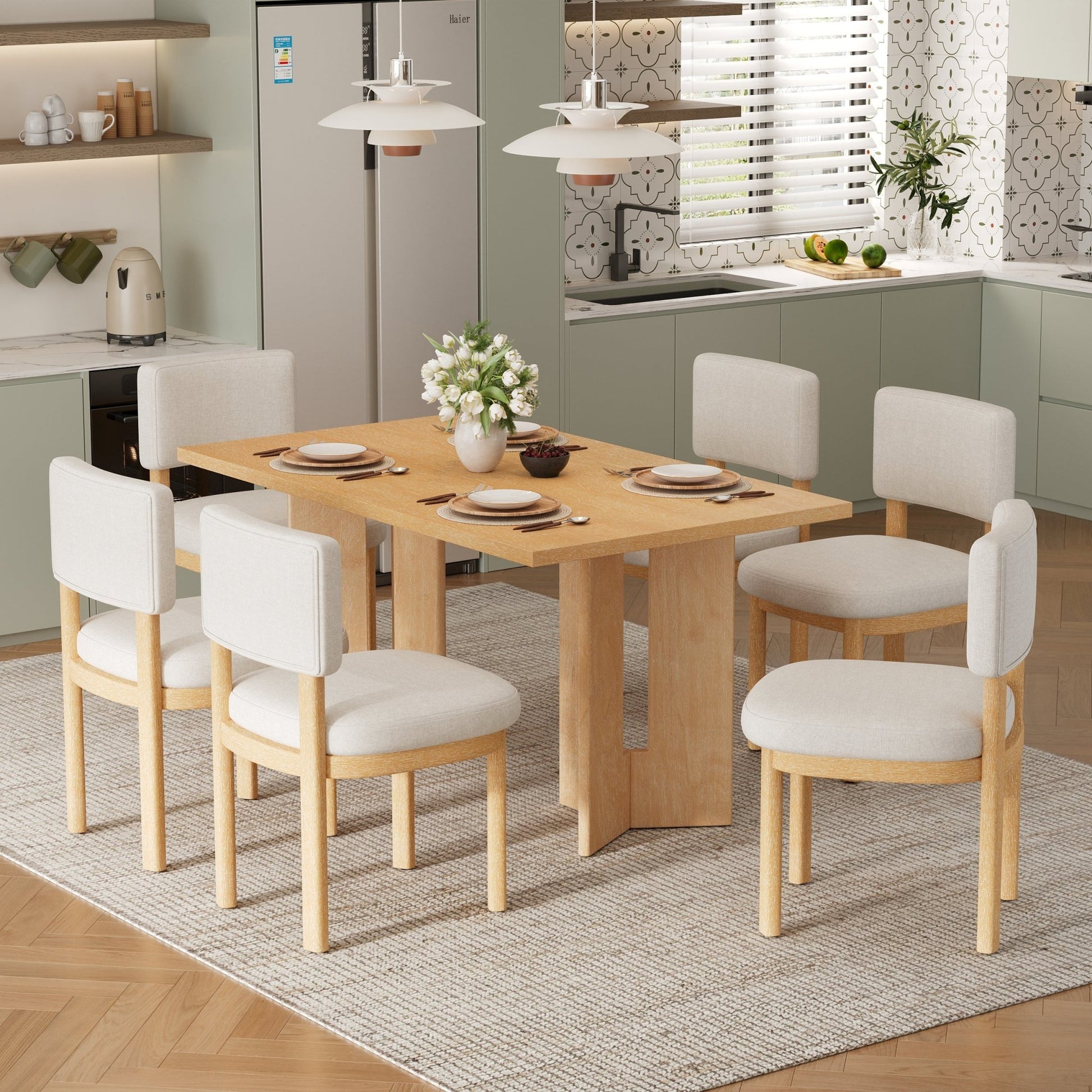 TREXM Farmhouse Wood Dining Table Set for 6 with 6 Upholstered Chairs, 60' Rectangular Dining Table with Cutout Table Legs for Dining Room, Kitchen and Living Room (Natural Wood Wash) - 1st Choice Furniture Direct