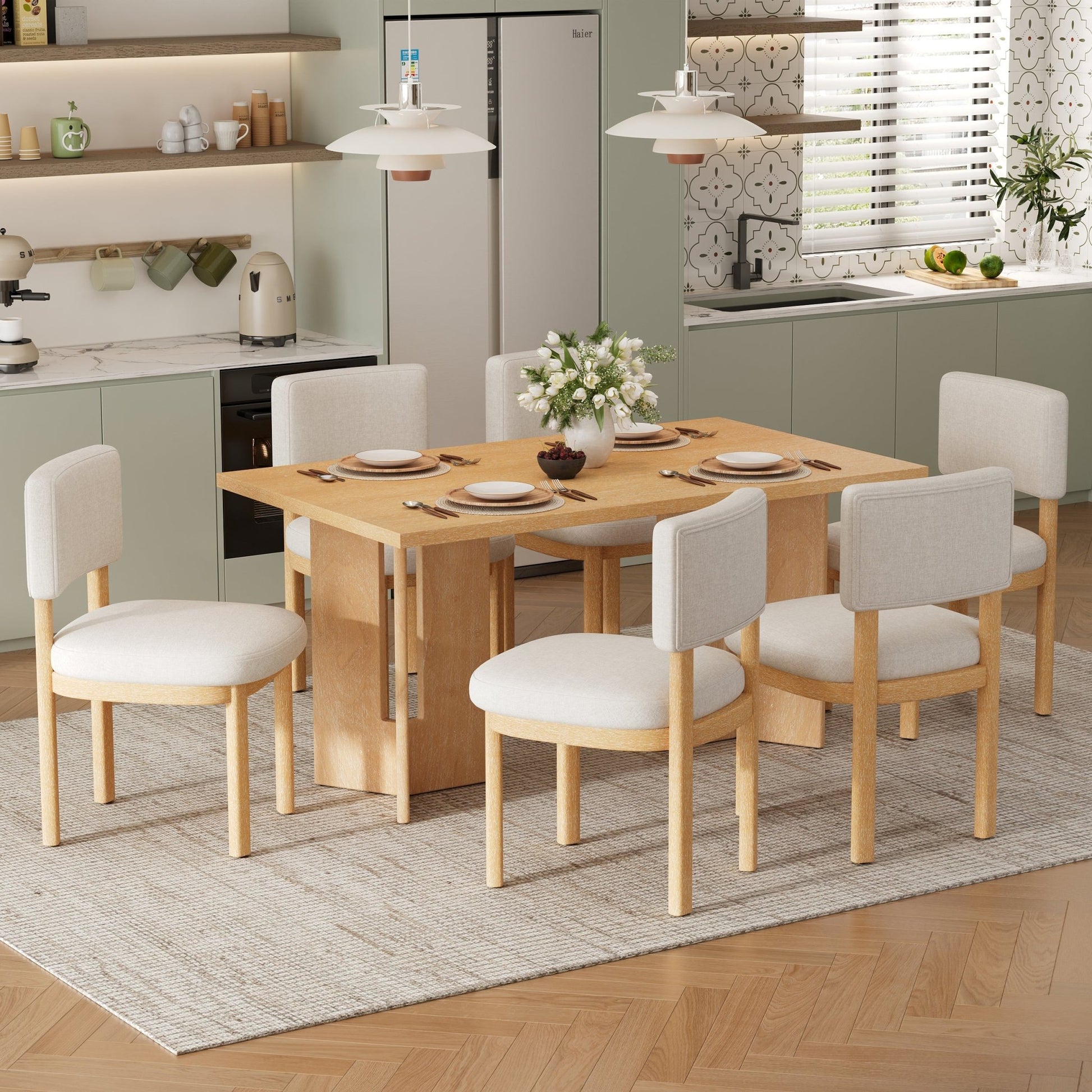TREXM Farmhouse Wood Dining Table Set for 6 with 6 Upholstered Chairs, 60' Rectangular Dining Table with Cutout Table Legs for Dining Room, Kitchen and Living Room (Natural Wood Wash) - 1st Choice Furniture Direct