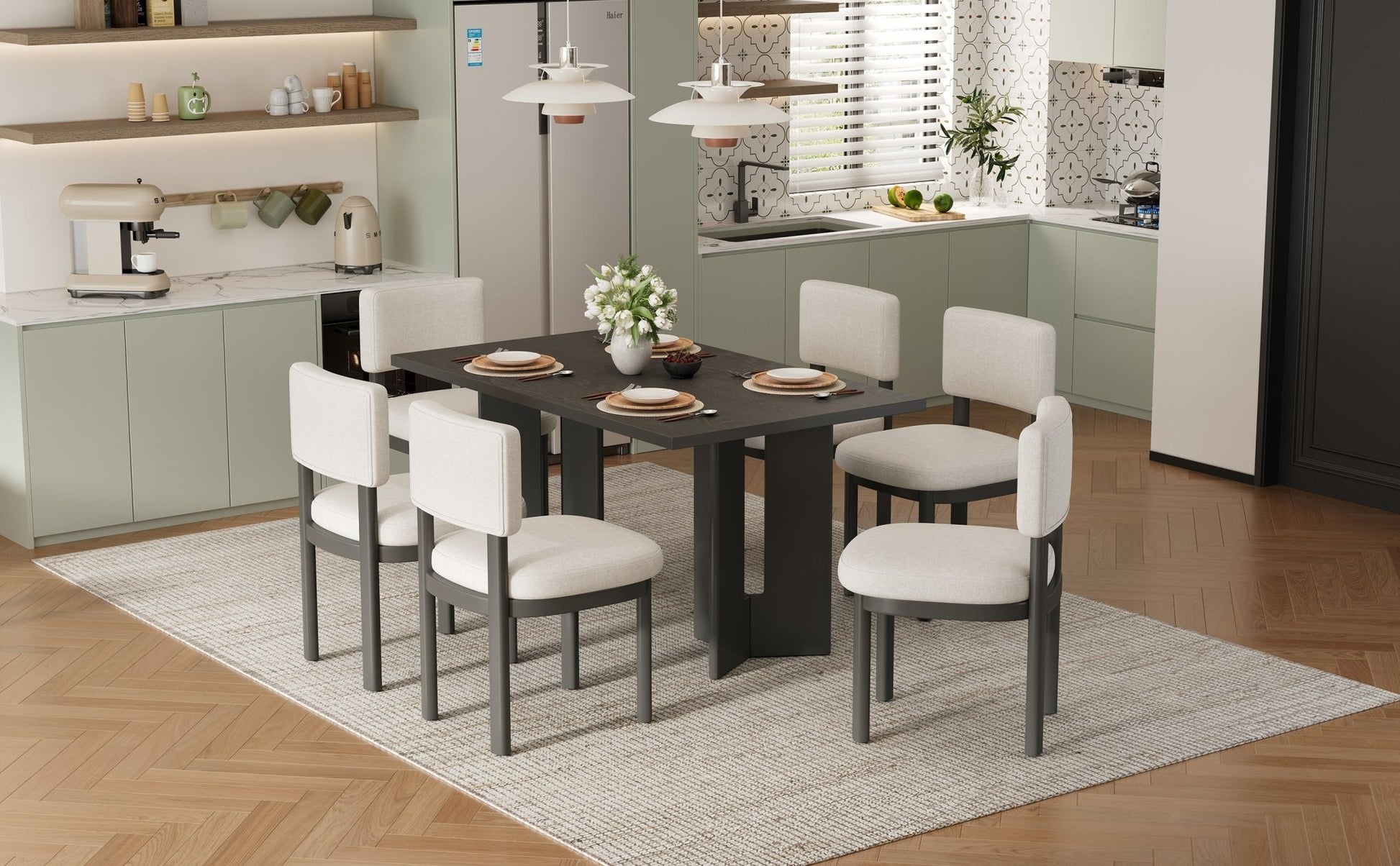 TREXM Farmhouse Wood Dining Table Set for 6 with 6 Upholstered Chairs, 60' Rectangular Dining Table with Cutout Table Legs for Dining Room, Kitchen and Living Room (Gray) - 1st Choice Furniture Direct