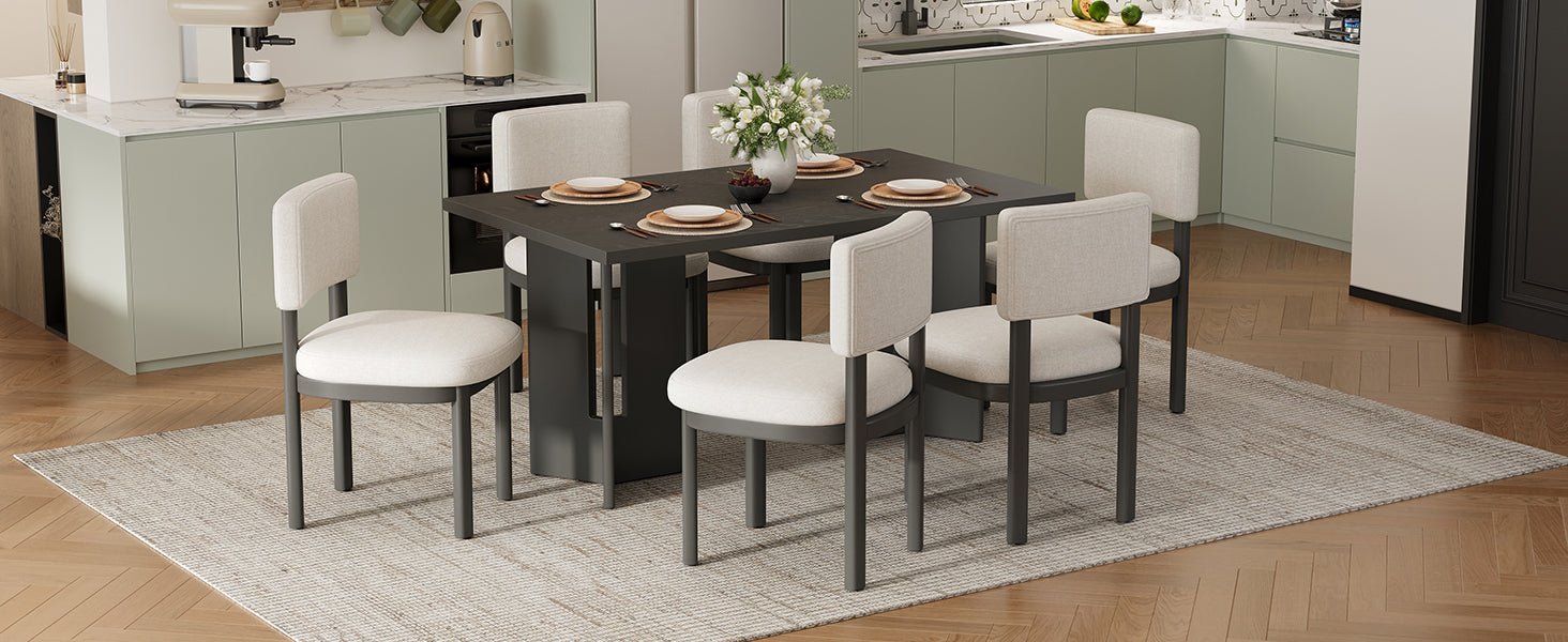 TREXM Farmhouse Wood Dining Table Set for 6 with 6 Upholstered Chairs, 60' Rectangular Dining Table with Cutout Table Legs for Dining Room, Kitchen and Living Room (Gray) - 1st Choice Furniture Direct