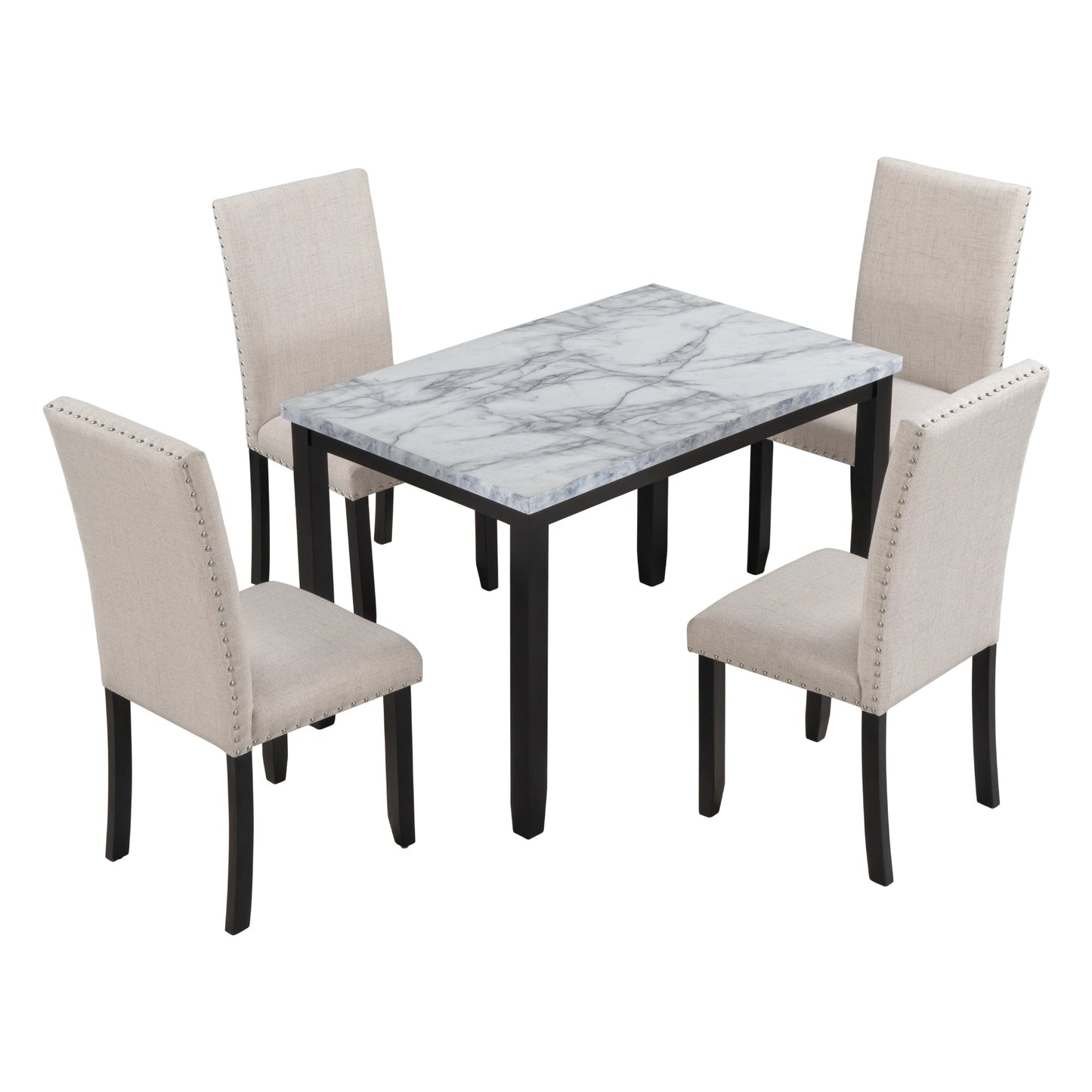 TREXM Faux Marble 5 - Piece Dining Set Table with 4 Thicken Cushion Dining Chairs, White/Beige+Black, Rubber Wood - 1st Choice Furniture Direct
