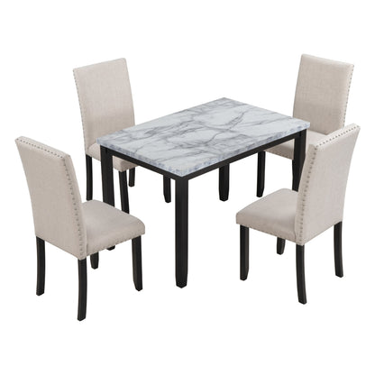 TREXM Faux Marble 5 - Piece Dining Set Table with 4 Thicken Cushion Dining Chairs, White/Beige+Black, Rubber Wood - 1st Choice Furniture Direct