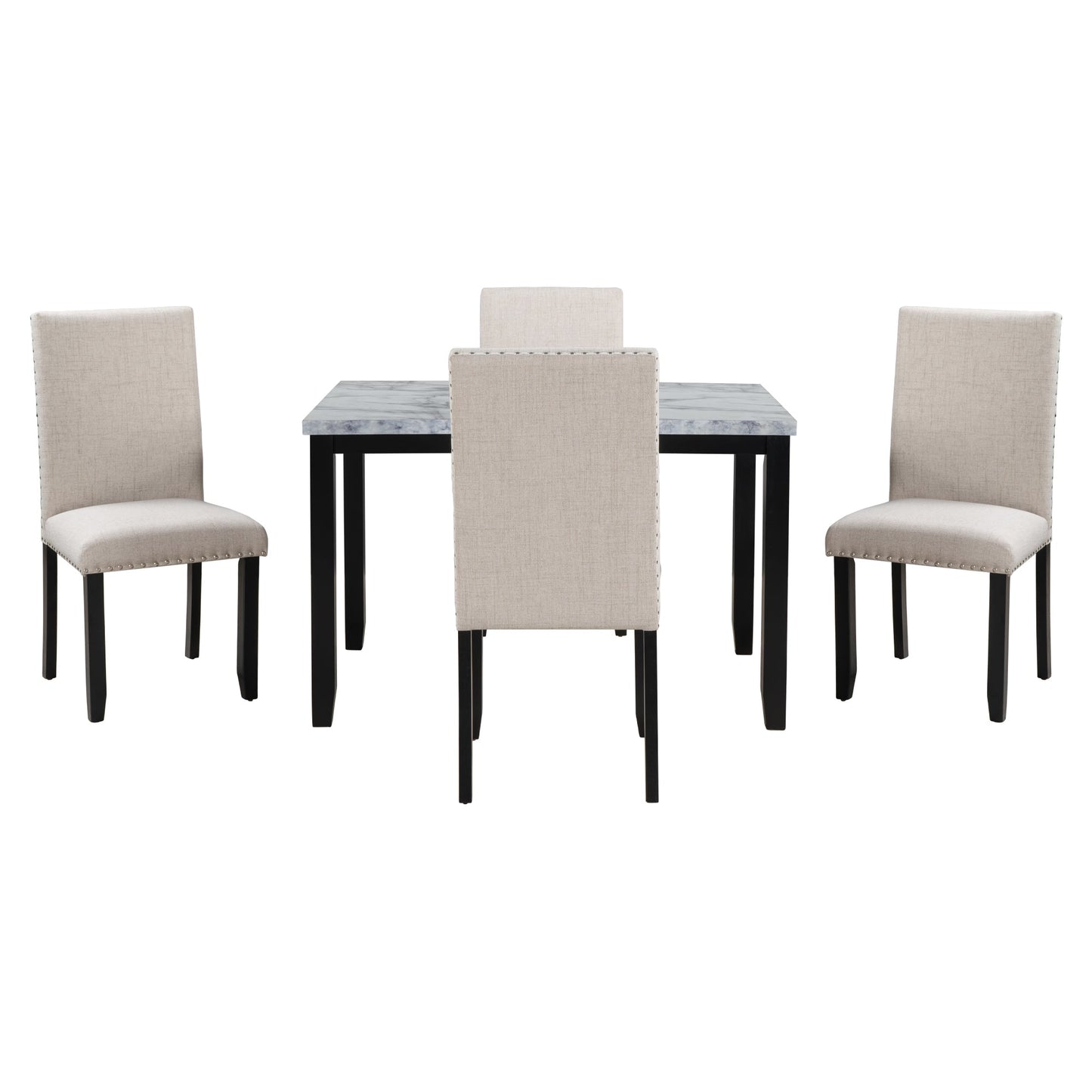TREXM Faux Marble 5 - Piece Dining Set Table with 4 Thicken Cushion Dining Chairs, White/Beige+Black, Rubber Wood - 1st Choice Furniture Direct