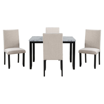 TREXM Faux Marble 5 - Piece Dining Set Table with 4 Thicken Cushion Dining Chairs, White/Beige+Black, Rubber Wood - 1st Choice Furniture Direct