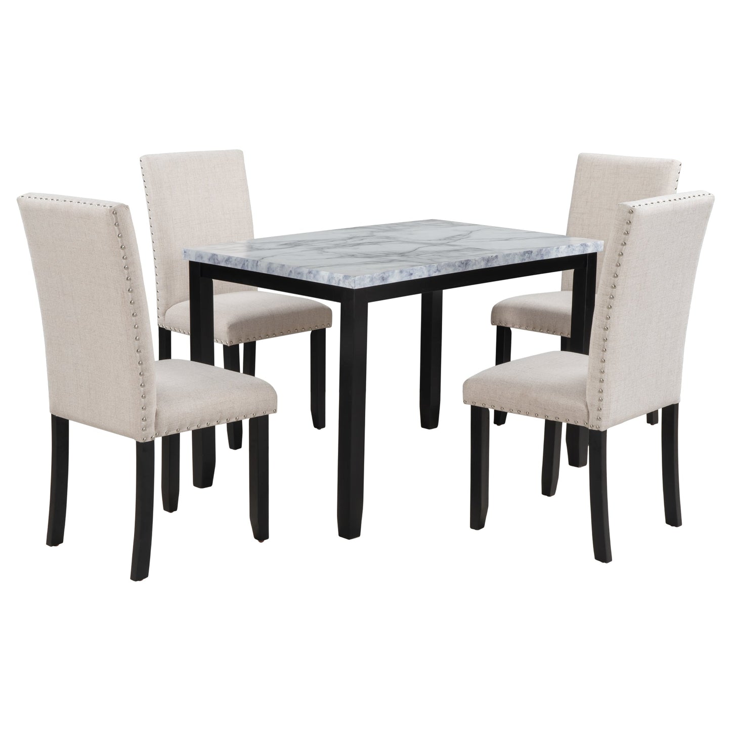 TREXM Faux Marble 5 - Piece Dining Set Table with 4 Thicken Cushion Dining Chairs, White/Beige+Black, Rubber Wood - 1st Choice Furniture Direct