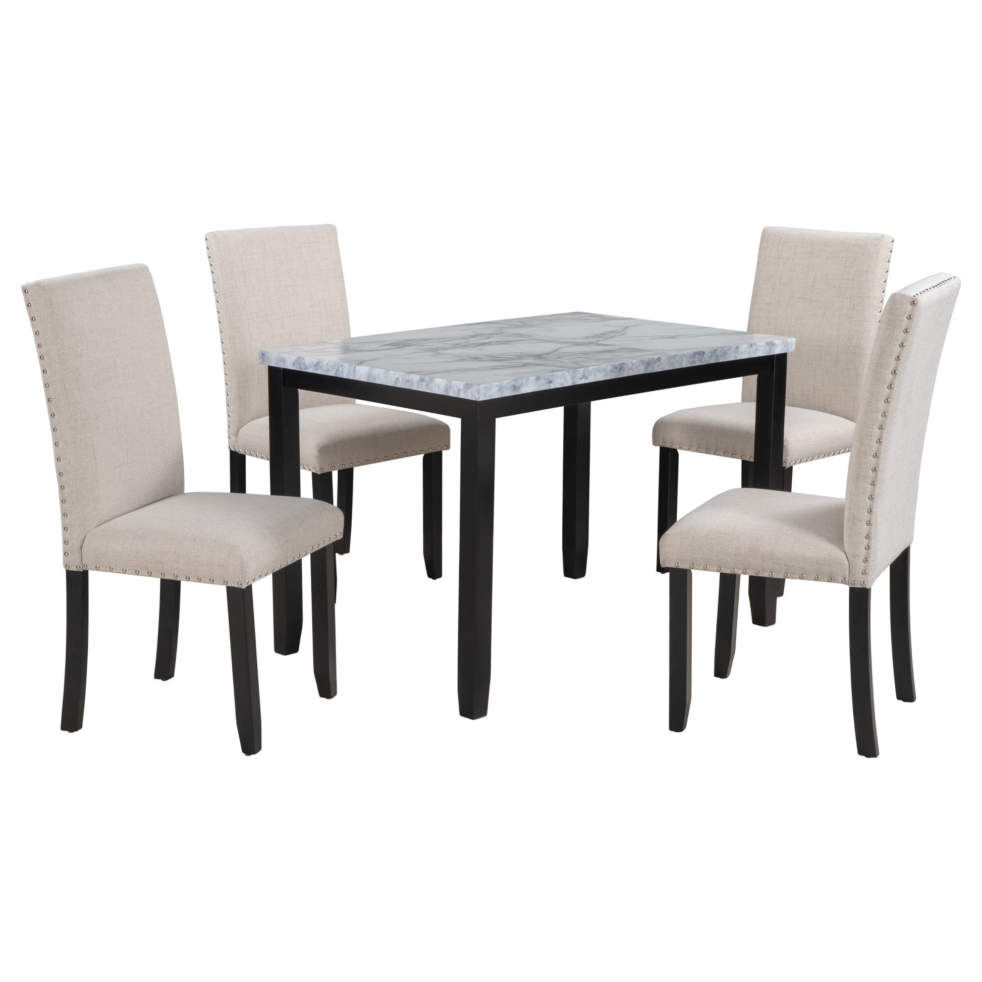 TREXM Faux Marble 5 - Piece Dining Set Table with 4 Thicken Cushion Dining Chairs, White/Beige+Black, Rubber Wood - 1st Choice Furniture Direct