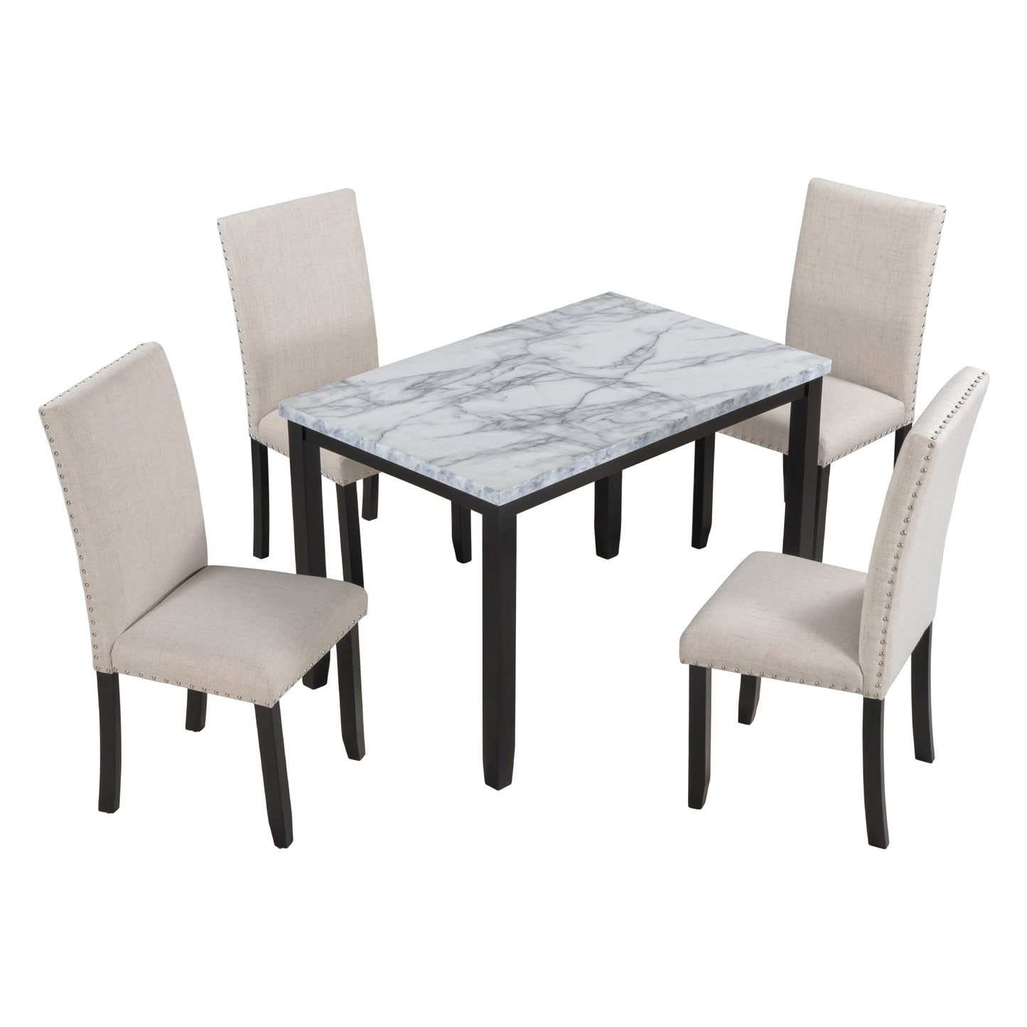TREXM Faux Marble 5 - Piece Dining Set Table with 4 Thicken Cushion Dining Chairs, White/Beige+Black, Rubber Wood - 1st Choice Furniture Direct