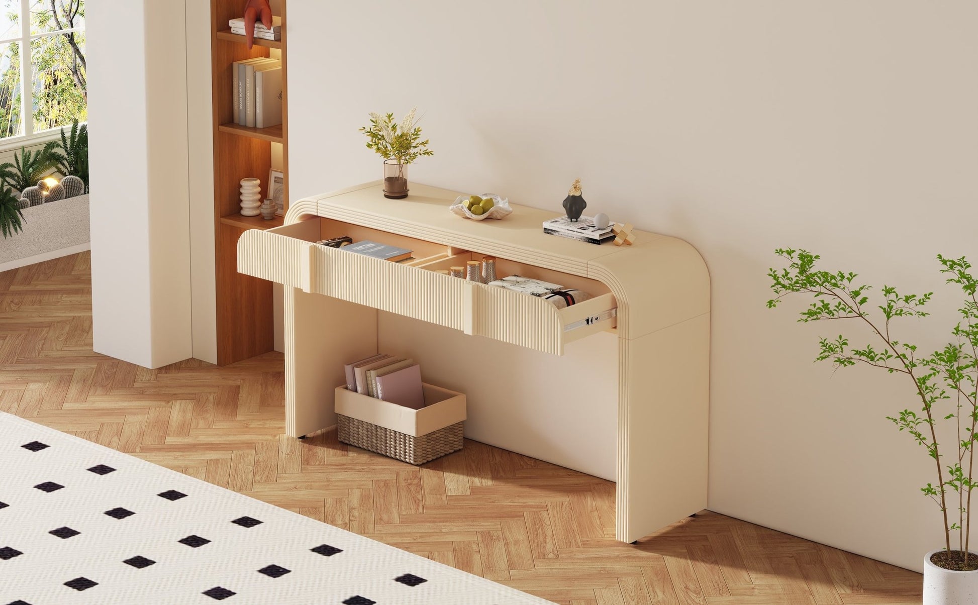 TREXM Modern Console Table with 2 Storage Drawers, Fluted Entryway Table with Rounded Silhouette for Hallway Living Room and Entryway (Apricot Cream) - 1st Choice Furniture Direct