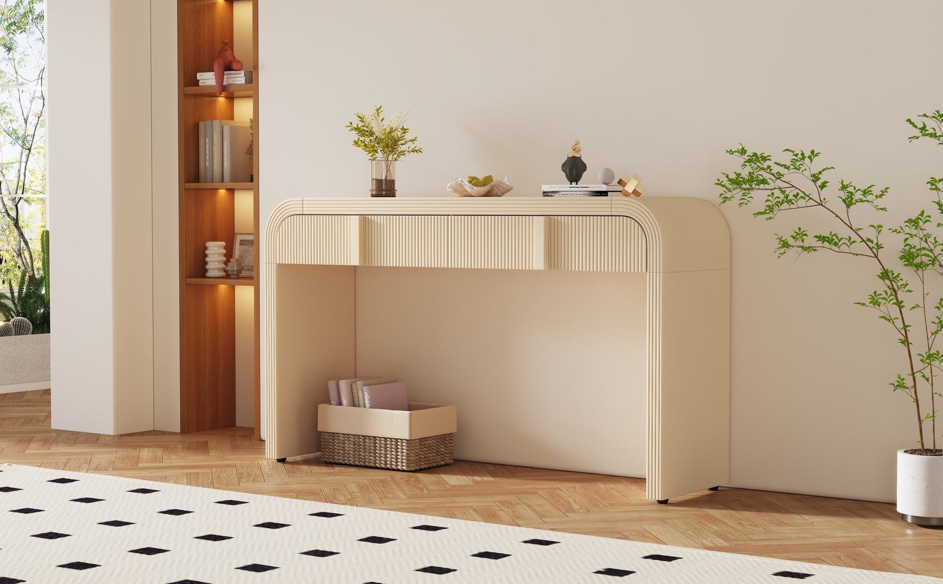 TREXM Modern Console Table with 2 Storage Drawers, Fluted Entryway Table with Rounded Silhouette for Hallway Living Room and Entryway (Apricot Cream) - 1st Choice Furniture Direct