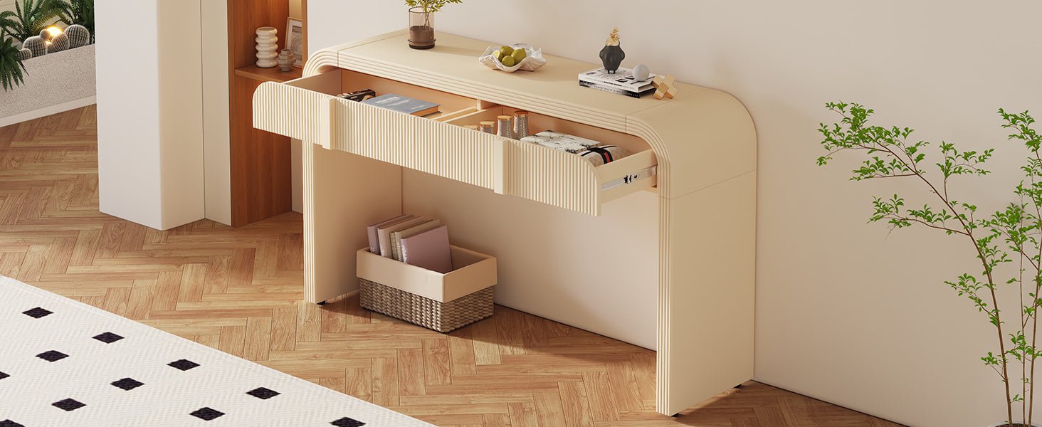 TREXM Modern Console Table with 2 Storage Drawers, Fluted Entryway Table with Rounded Silhouette for Hallway Living Room and Entryway (Apricot Cream) - 1st Choice Furniture Direct