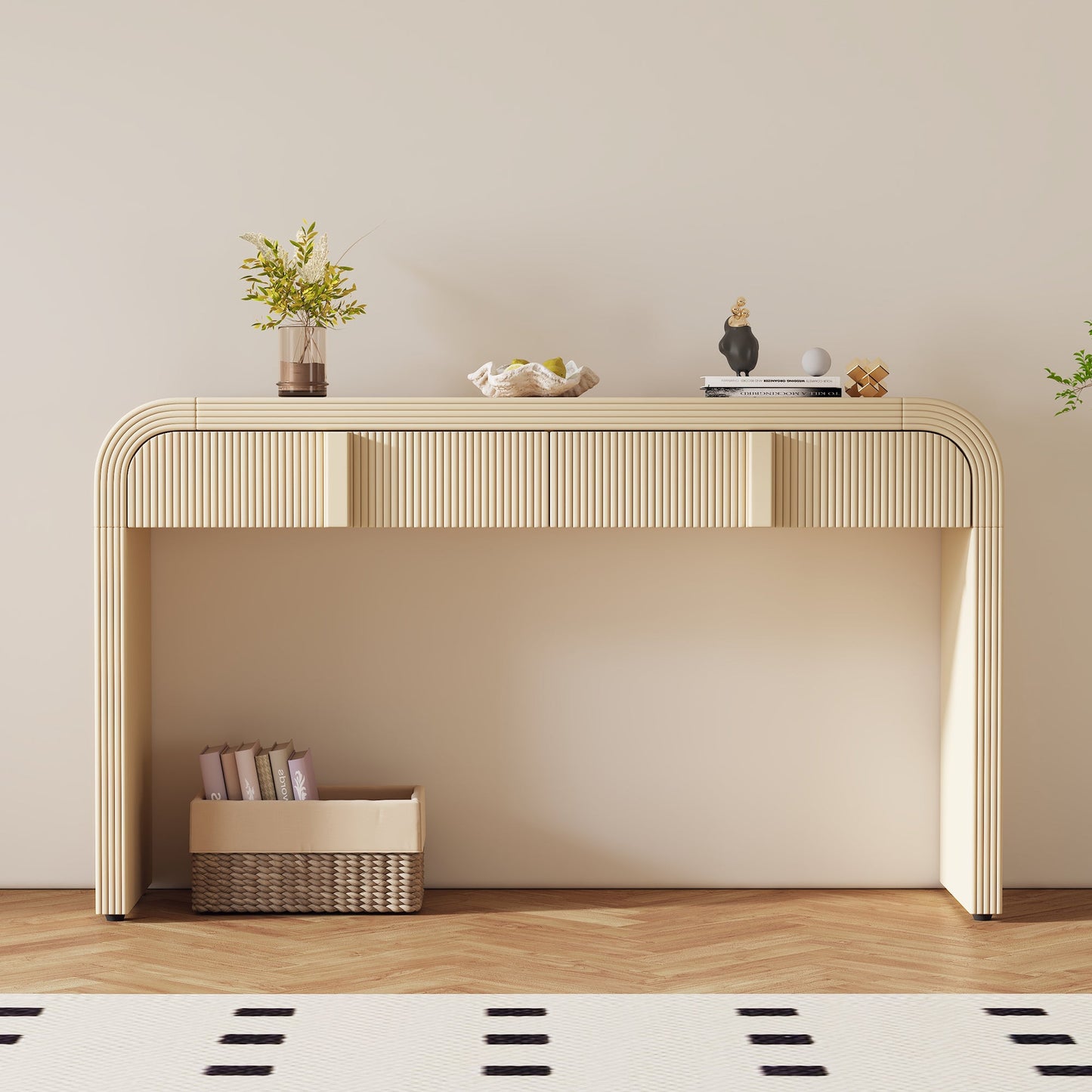 TREXM Modern Console Table with 2 Storage Drawers, Fluted Entryway Table with Rounded Silhouette for Hallway Living Room and Entryway (Apricot Cream) - 1st Choice Furniture Direct