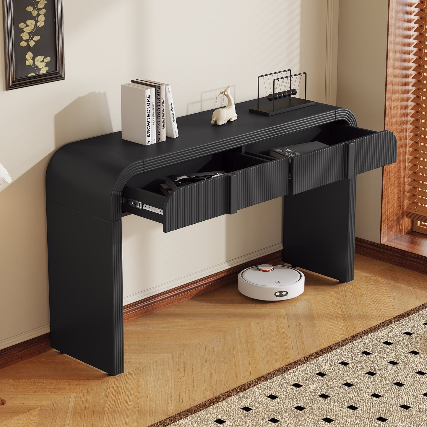 TREXM Modern Console Table with 2 Storage Drawers, Fluted Entryway Table with Rounded Silhouette for Hallway Living Room and Entryway (Black) - 1st Choice Furniture Direct