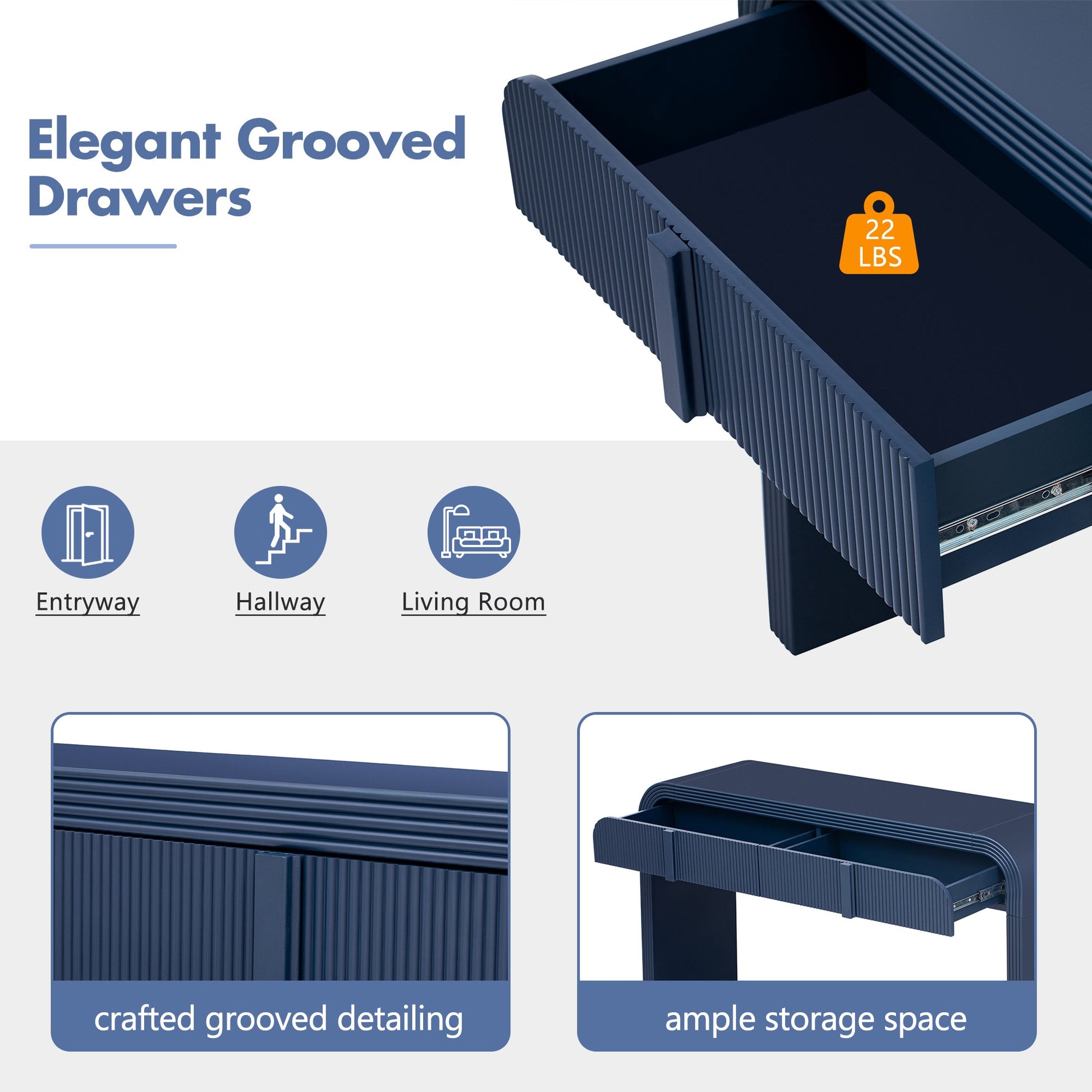 TREXM Modern Console Table with 2 Storage Drawers, Fluted Entryway Table with Rounded Silhouette for Hallway Living Room and Entryway (Navy Blue) - 1st Choice Furniture Direct