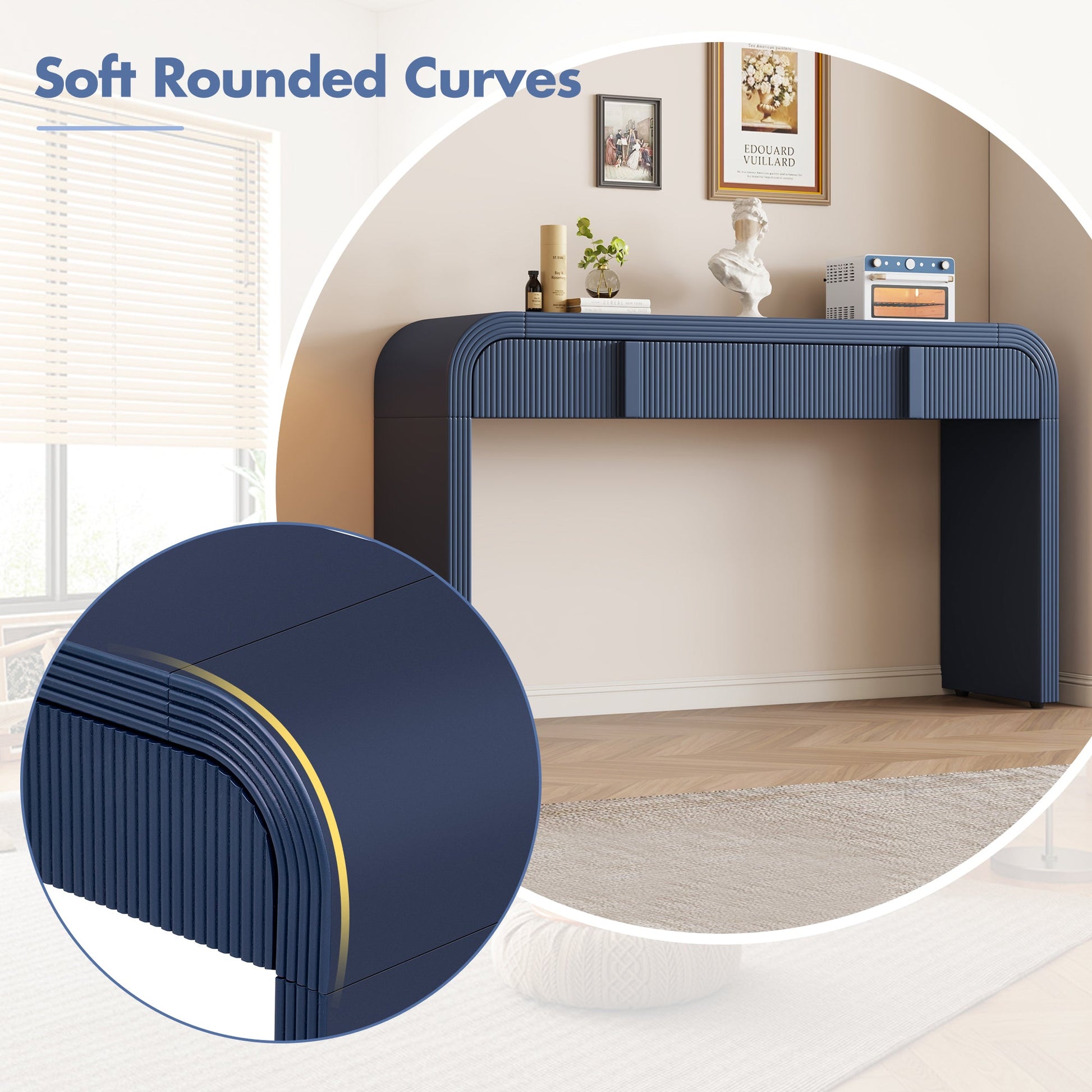 TREXM Modern Console Table with 2 Storage Drawers, Fluted Entryway Table with Rounded Silhouette for Hallway Living Room and Entryway (Navy Blue) - 1st Choice Furniture Direct