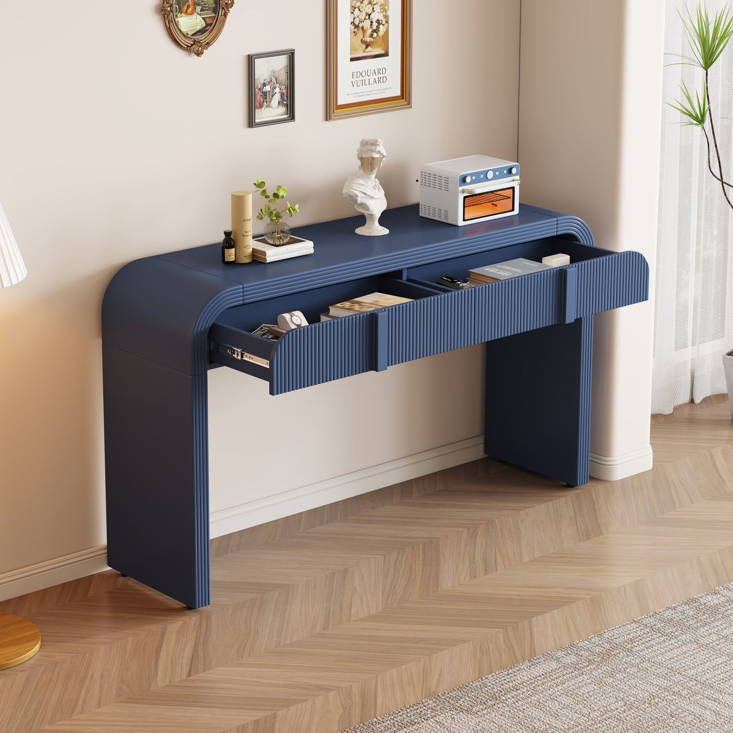 TREXM Modern Console Table with 2 Storage Drawers, Fluted Entryway Table with Rounded Silhouette for Hallway Living Room and Entryway (Navy Blue) - 1st Choice Furniture Direct