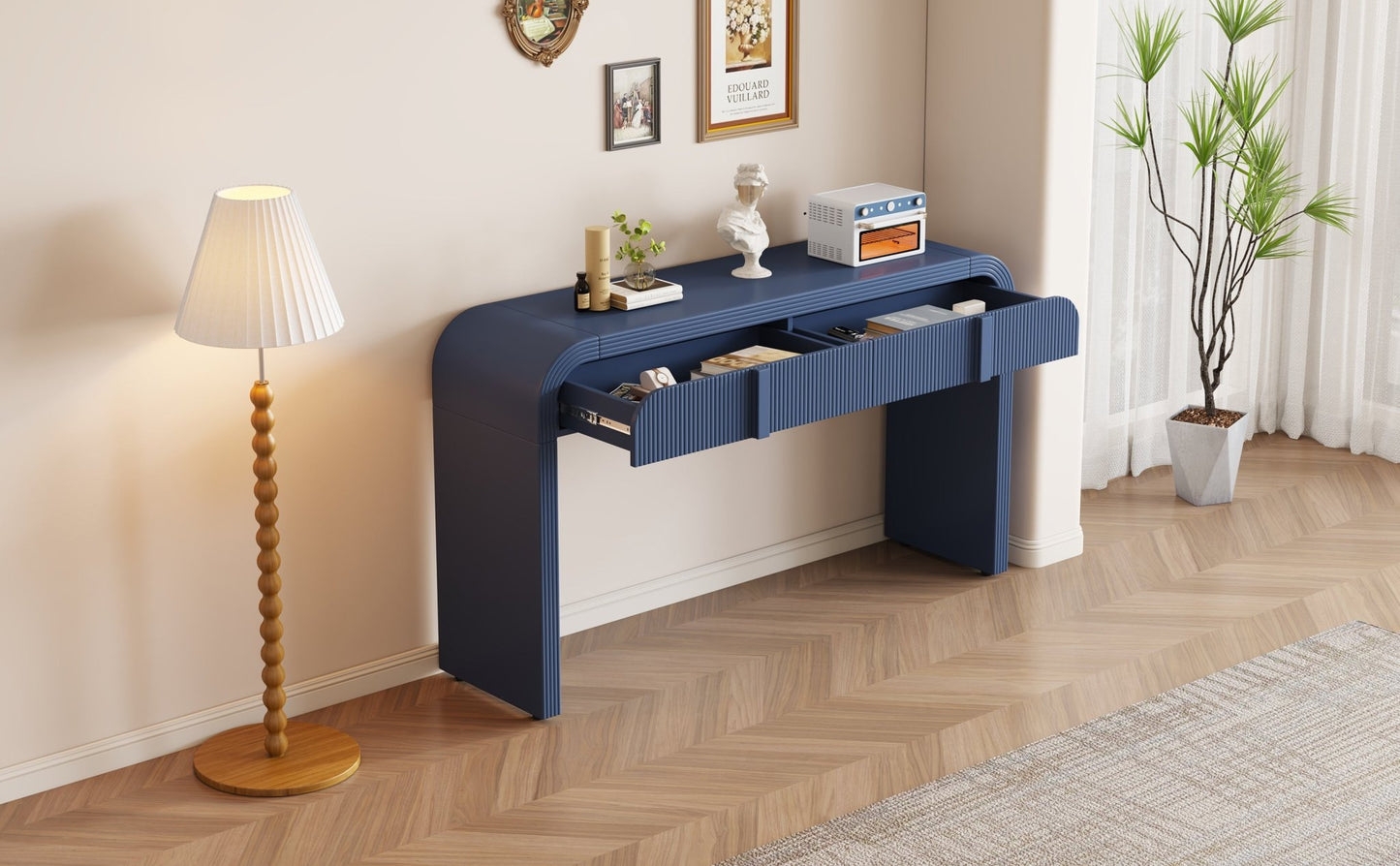 TREXM Modern Console Table with 2 Storage Drawers, Fluted Entryway Table with Rounded Silhouette for Hallway Living Room and Entryway (Navy Blue) - 1st Choice Furniture Direct