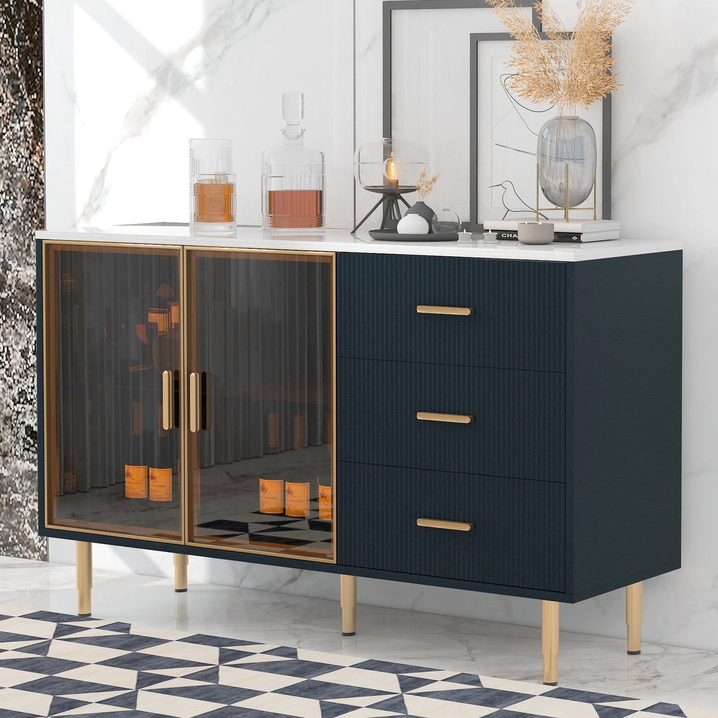 TREXM Modern Sideboard MDF Buffet Cabinet with Marble Sticker Tabletop, Amber - yellow Tempered Glass Doors, Gold Metal Legs, Handles, Navy Blue - 1st Choice Furniture Direct