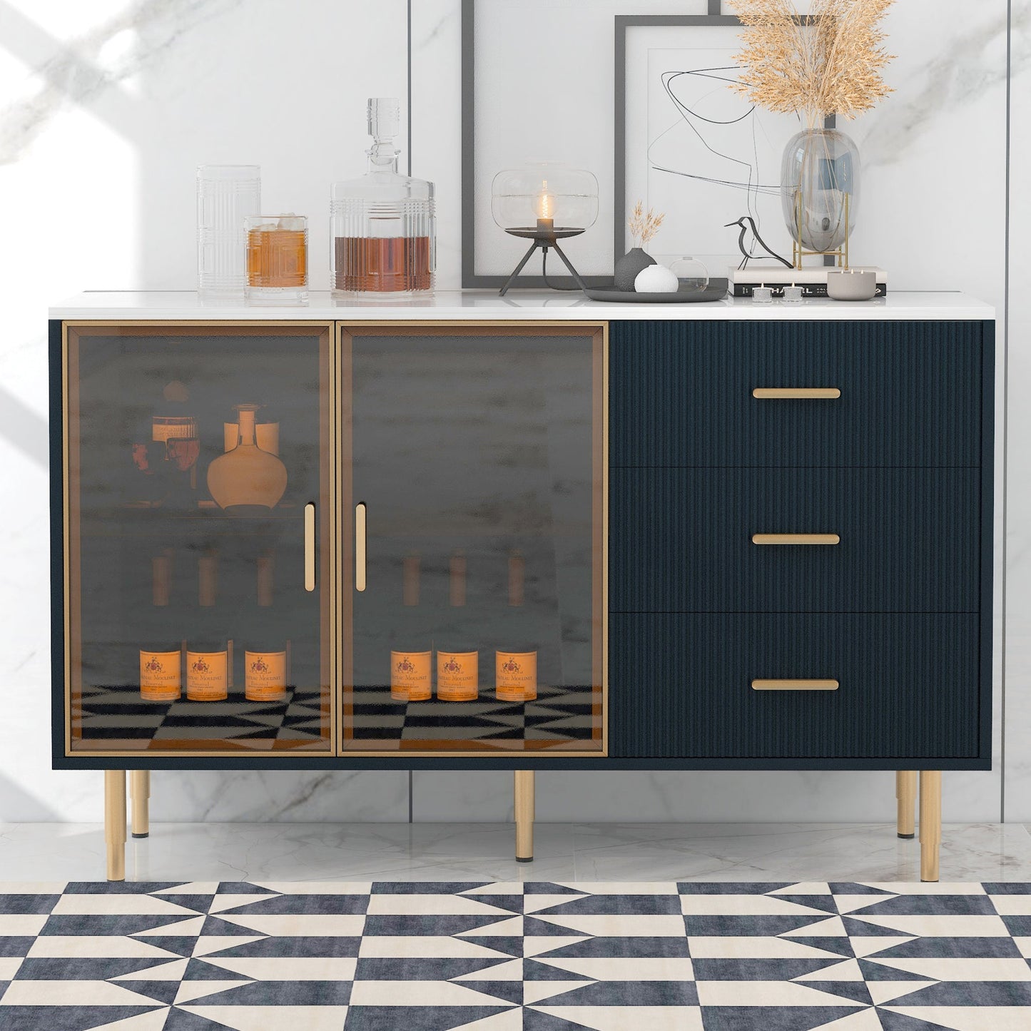 TREXM Modern Sideboard MDF Buffet Cabinet with Marble Sticker Tabletop, Amber - yellow Tempered Glass Doors, Gold Metal Legs, Handles, Navy Blue - 1st Choice Furniture Direct