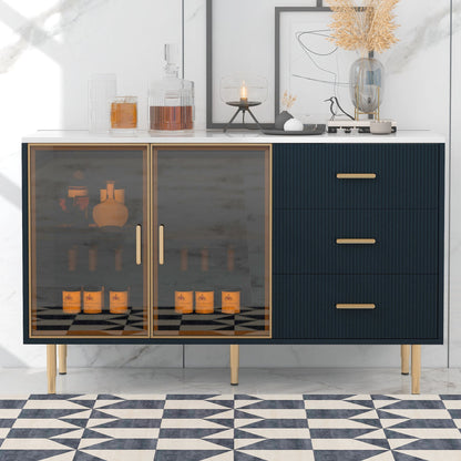 TREXM Modern Sideboard MDF Buffet Cabinet with Marble Sticker Tabletop, Amber - yellow Tempered Glass Doors, Gold Metal Legs, Handles, Navy Blue - 1st Choice Furniture Direct