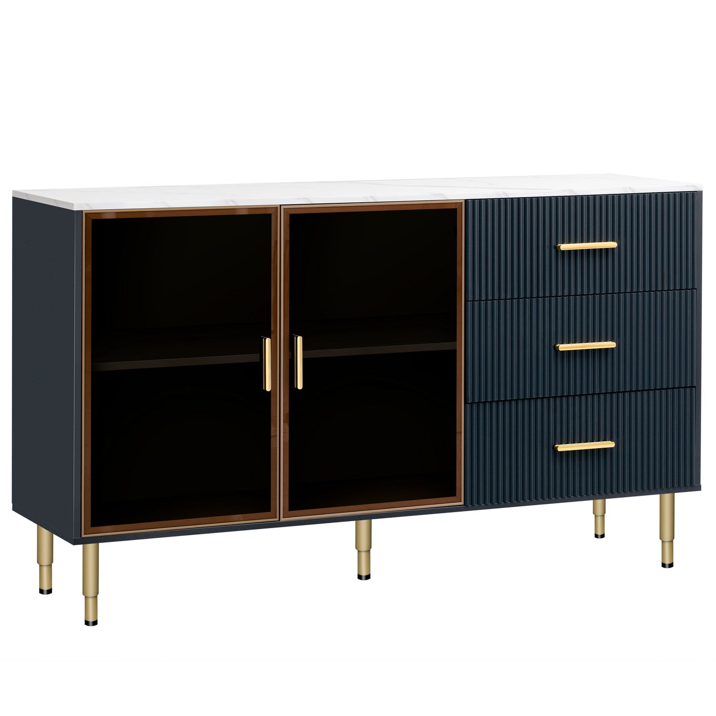TREXM Modern Sideboard MDF Buffet Cabinet with Marble Sticker Tabletop, Amber - yellow Tempered Glass Doors, Gold Metal Legs, Handles, Navy Blue - 1st Choice Furniture Direct